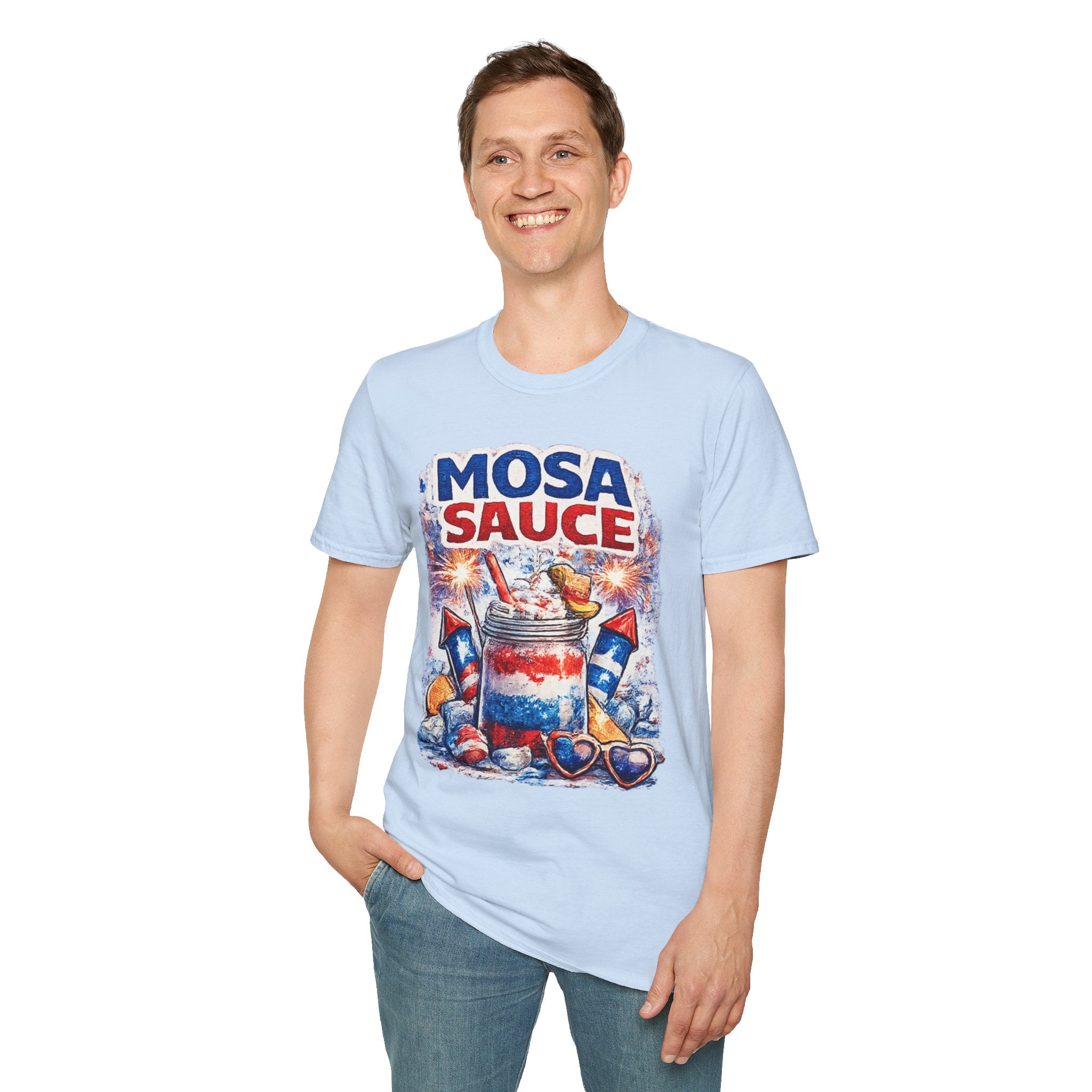 Mosa Sauce Patriotic Graphic Tee — Red White & Blue Summer BBQ Shirt