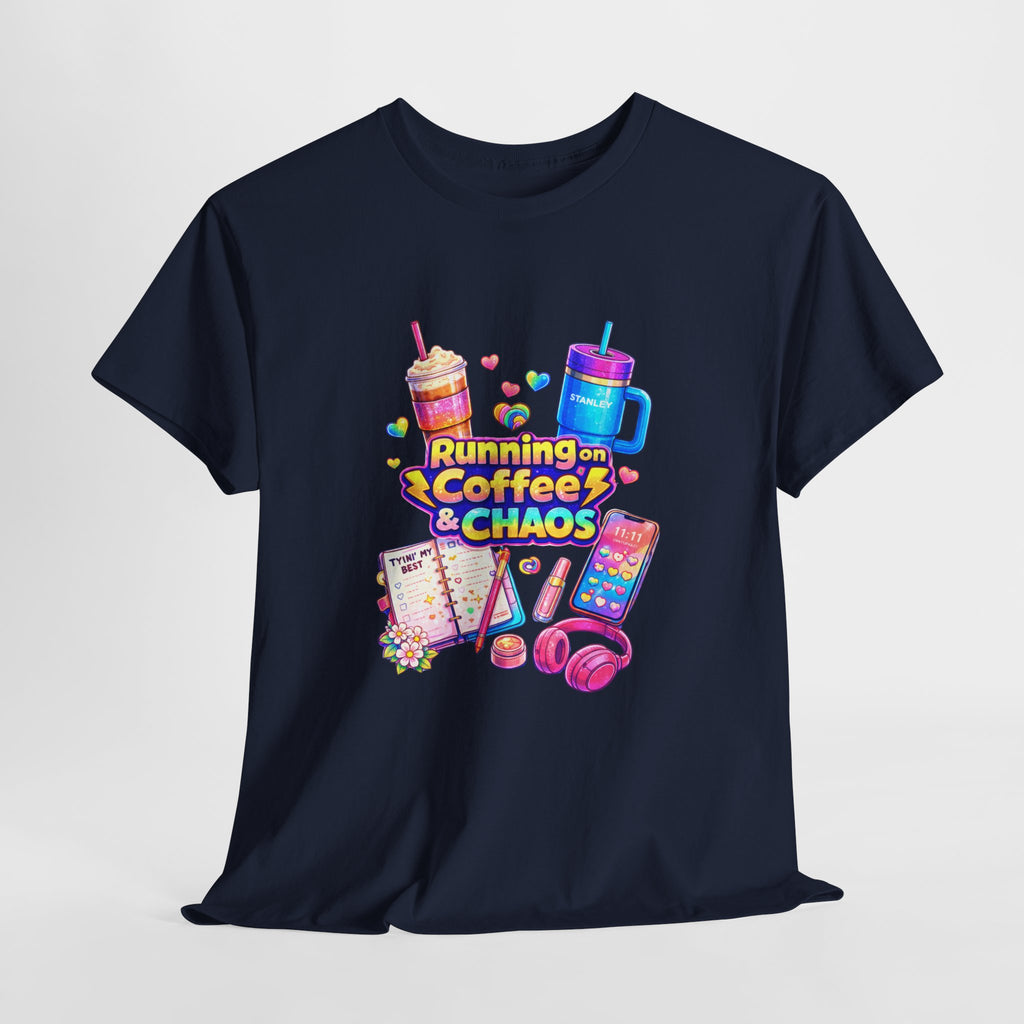 Graphic Tee — "Running on Coffee & Chaos" Colorful Planner Lover Shirt