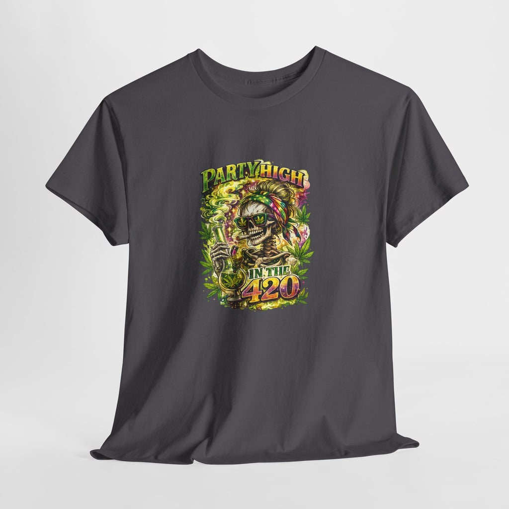 T-Shirt — 'Party High the 420' Cannabis Skull Graphic Tee