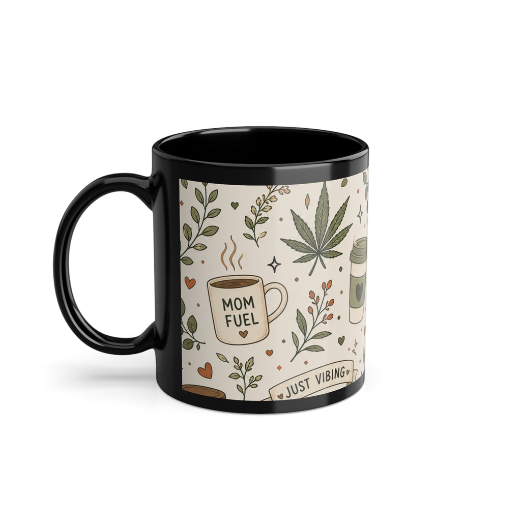 Black Ceramic Mug — Cozy Herbal Coffee Pattern (11 oz)
