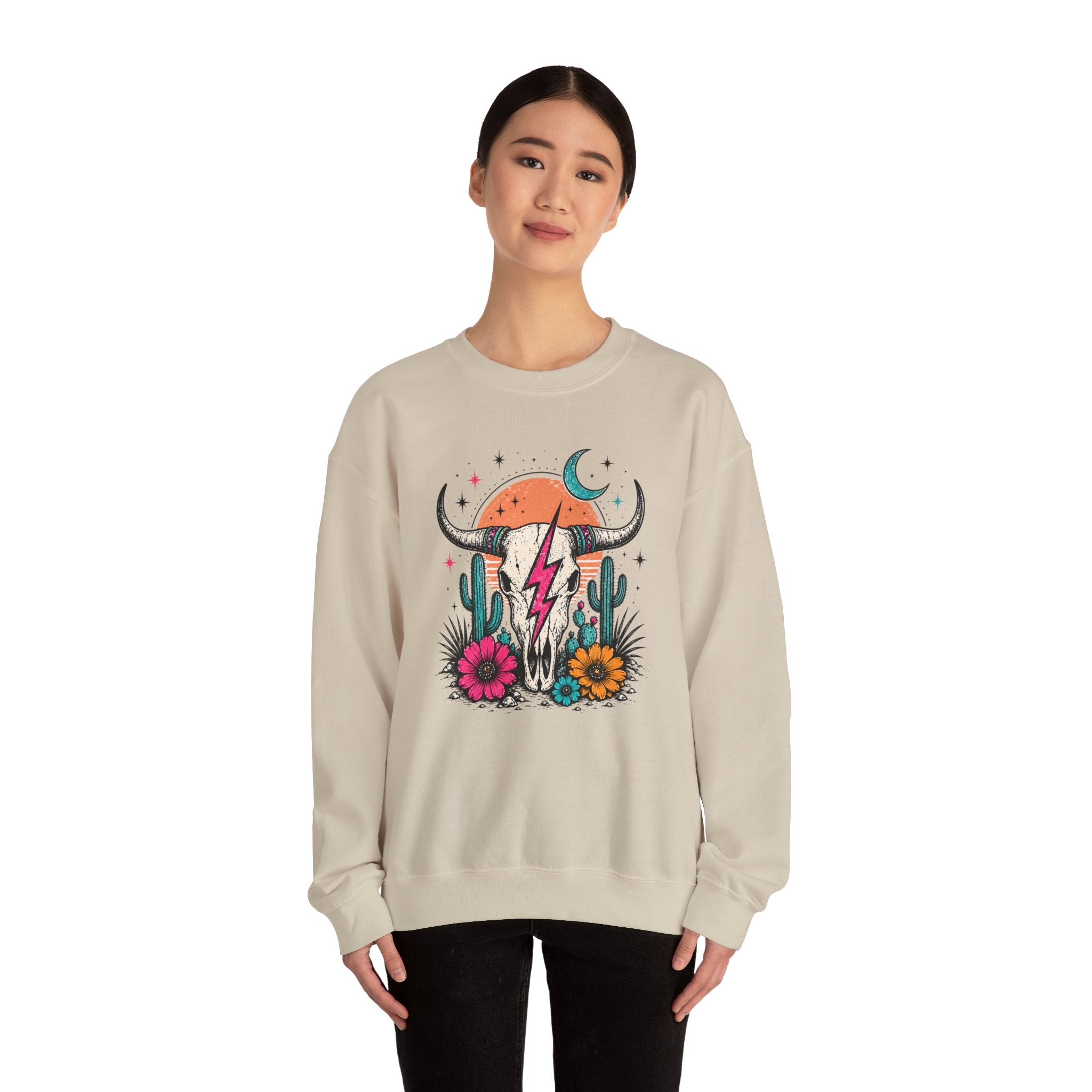 Southwest Skull Crewneck Sweatshirt — Desert Cactus Lightning Graphic