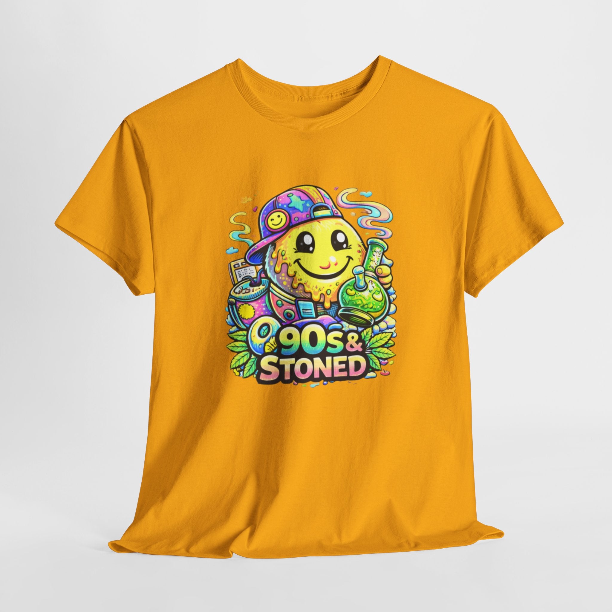 90s & Stoned Smiley Tee — Retro Vaporwave Cannabis Graphic T-Shirt