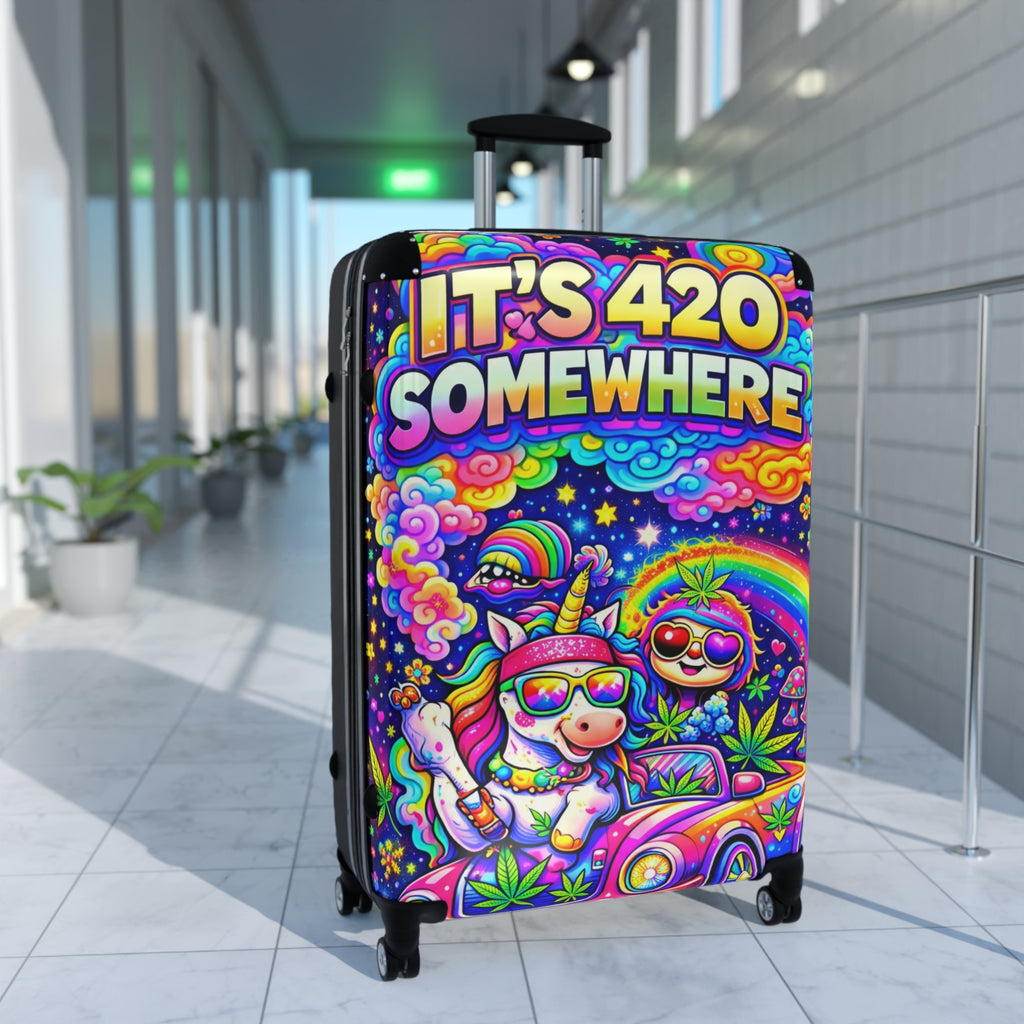 420 Rainbow Travel Suitcase — "It’s 420 Somewhere" Colorful Unicorn & Sloth Luggage Cover