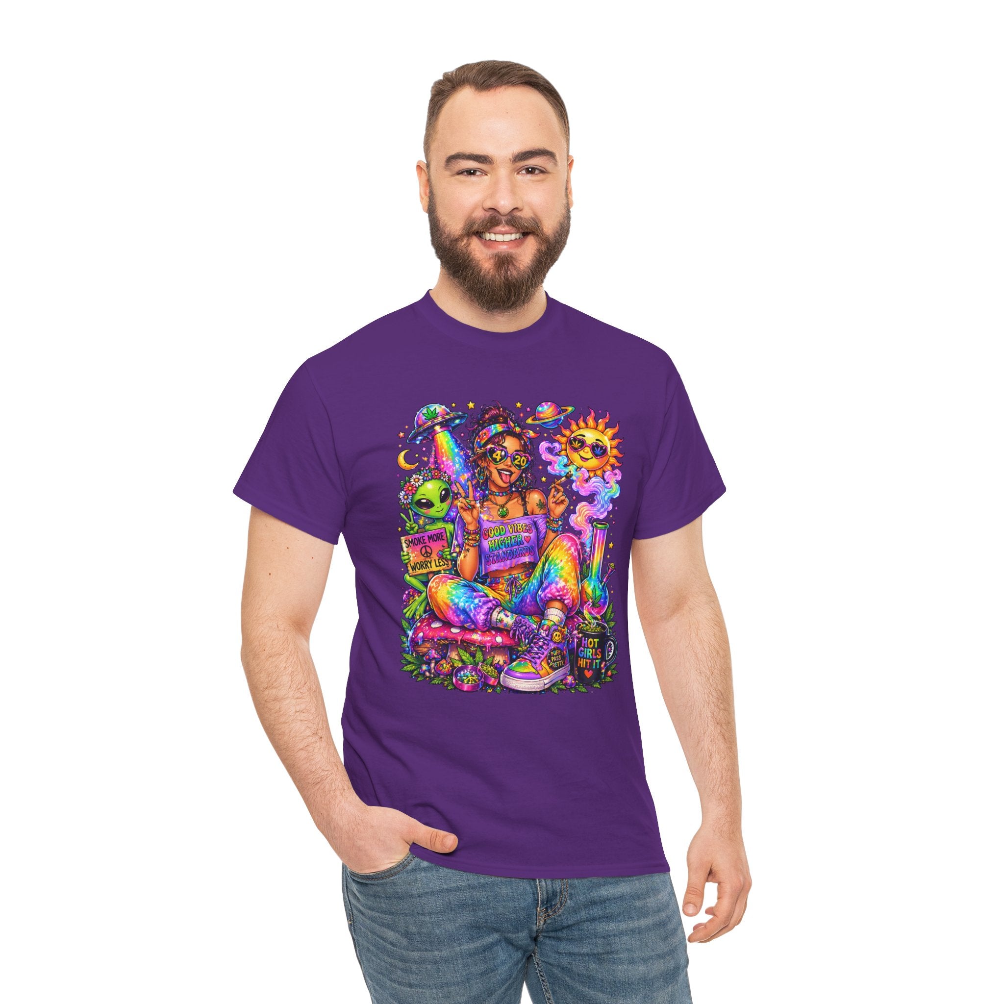 Psychedelic Hippie Girl T-Shirt — Colorful Boho Sun, Mushroom & Alien Graphic Tee