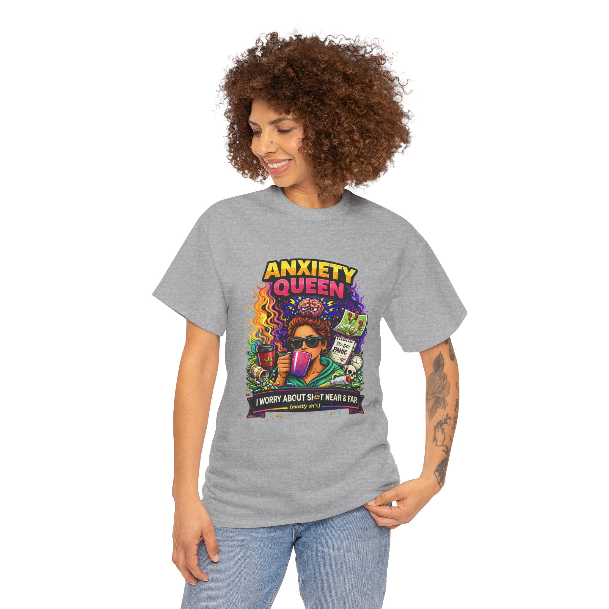 Anxiety Queen T-Shirt – Funny Mental Health Graphic Tee (“I Worry About Sh*t Near & Far”)