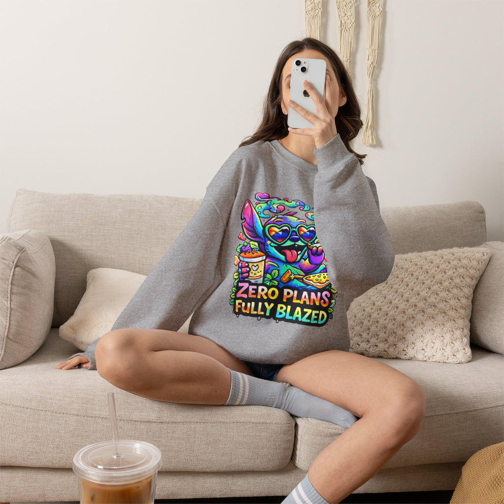 Crewneck Sweatshirt — "Zero Plans Fully Blazed" Colorful Stoner Cartoon Graphic