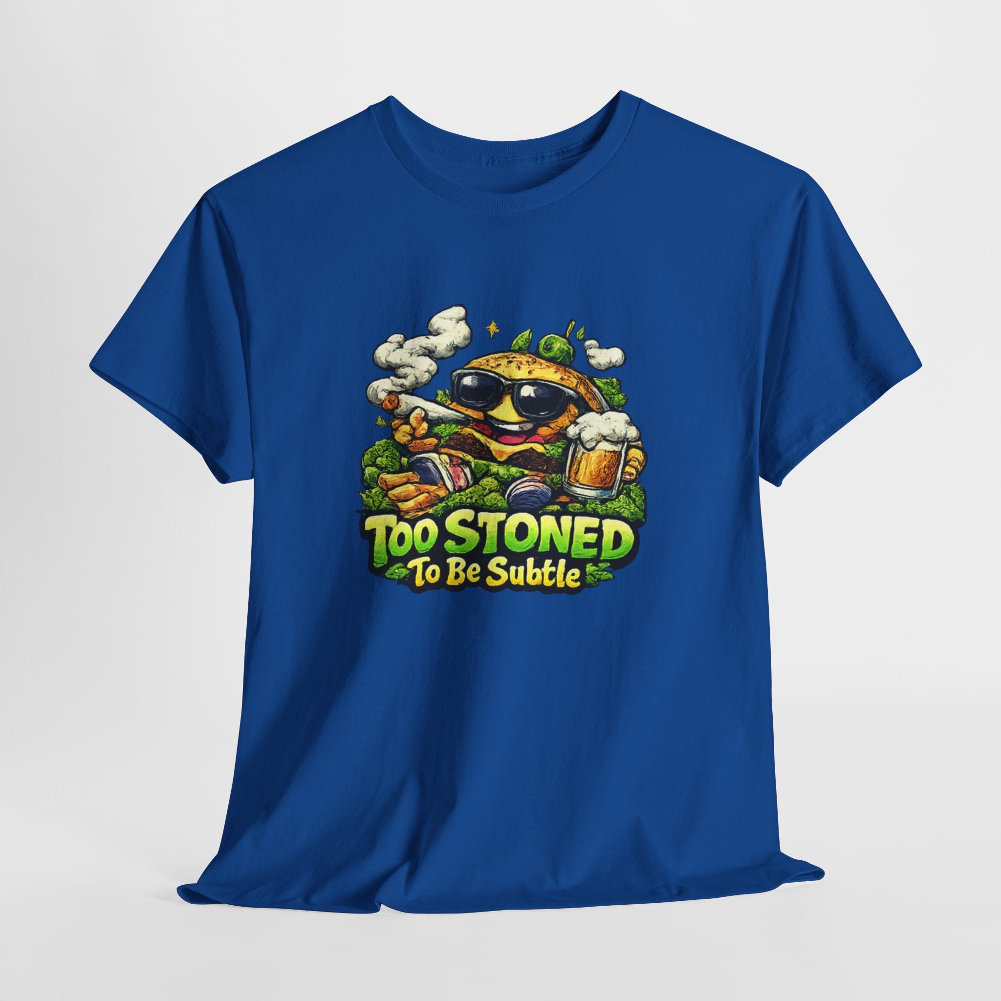 Too Stoned To Be Subtle Tee - Funny Retro Cartoon Burger Cannabis T-Shirt