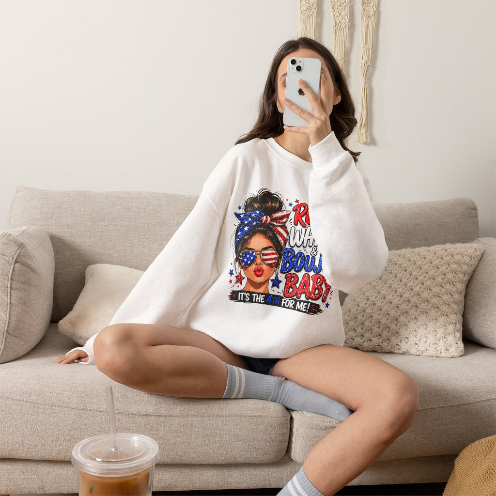 Crewneck Sweatshirt — "Red White Boujee Baby" Patriotic Women's 4th of July Graphic