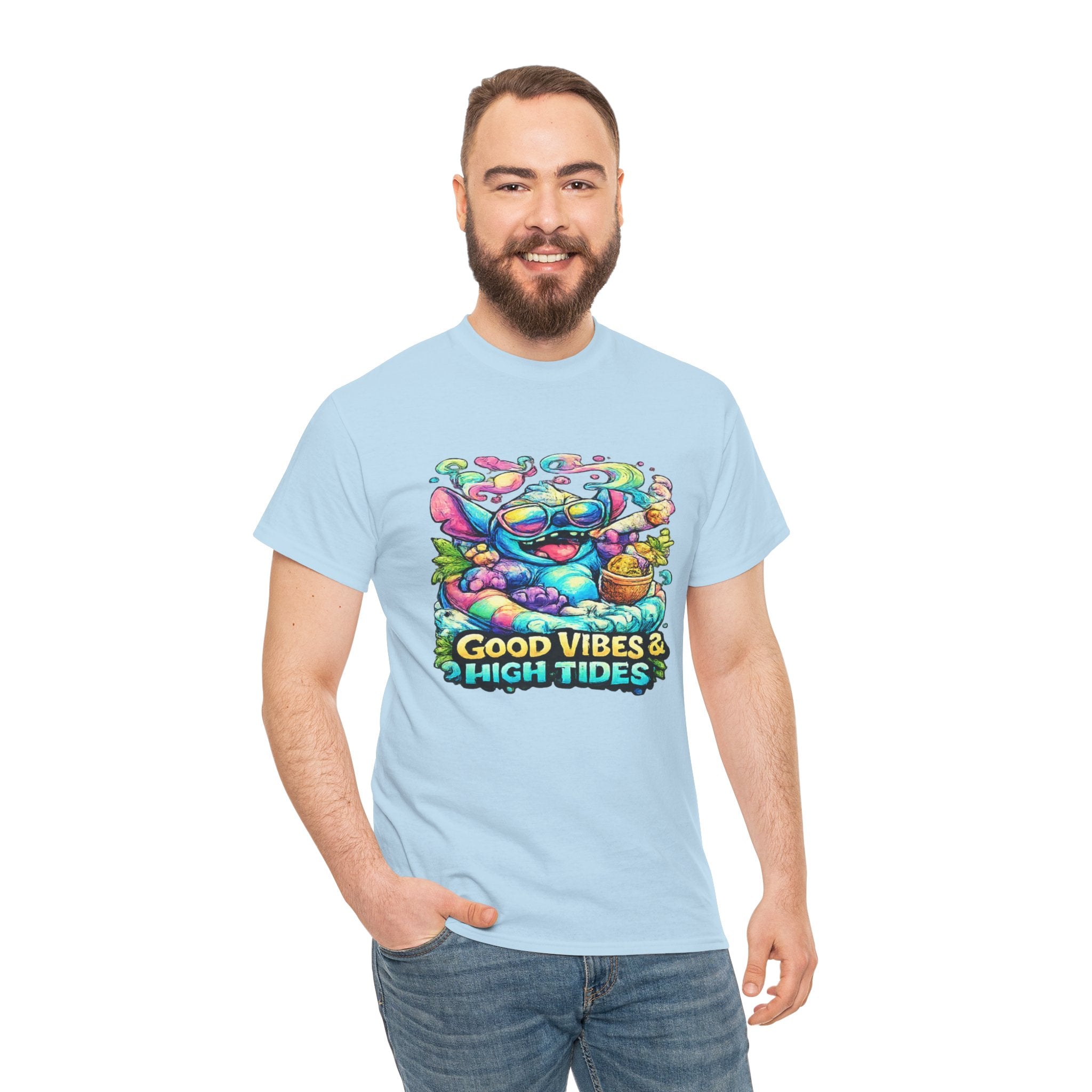 T-Shirt — "Good Vibes & High Tides" Colorful Surf Shark Graphic Tee