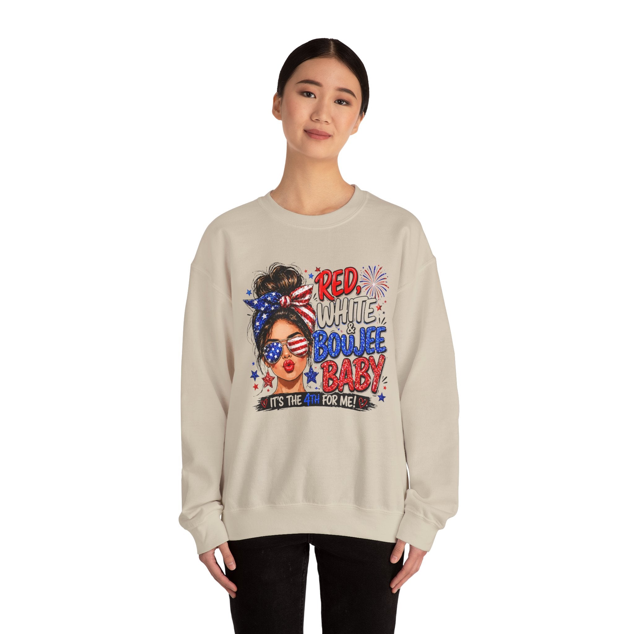 Crewneck Sweatshirt — "Red White Boujee Baby" Patriotic Women's 4th of July Graphic