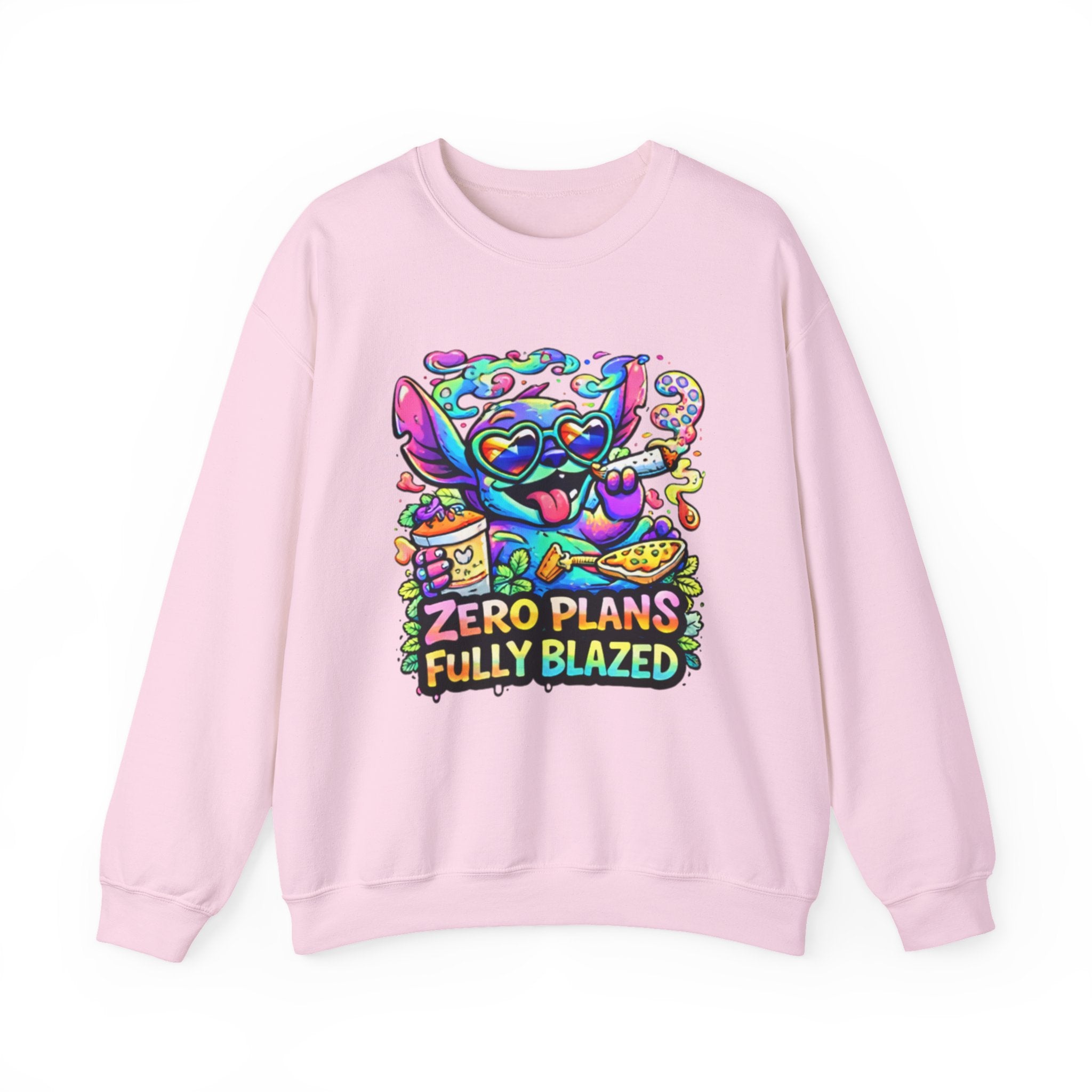 Crewneck Sweatshirt — "Zero Plans Fully Blazed" Colorful Stoner Cartoon Graphic