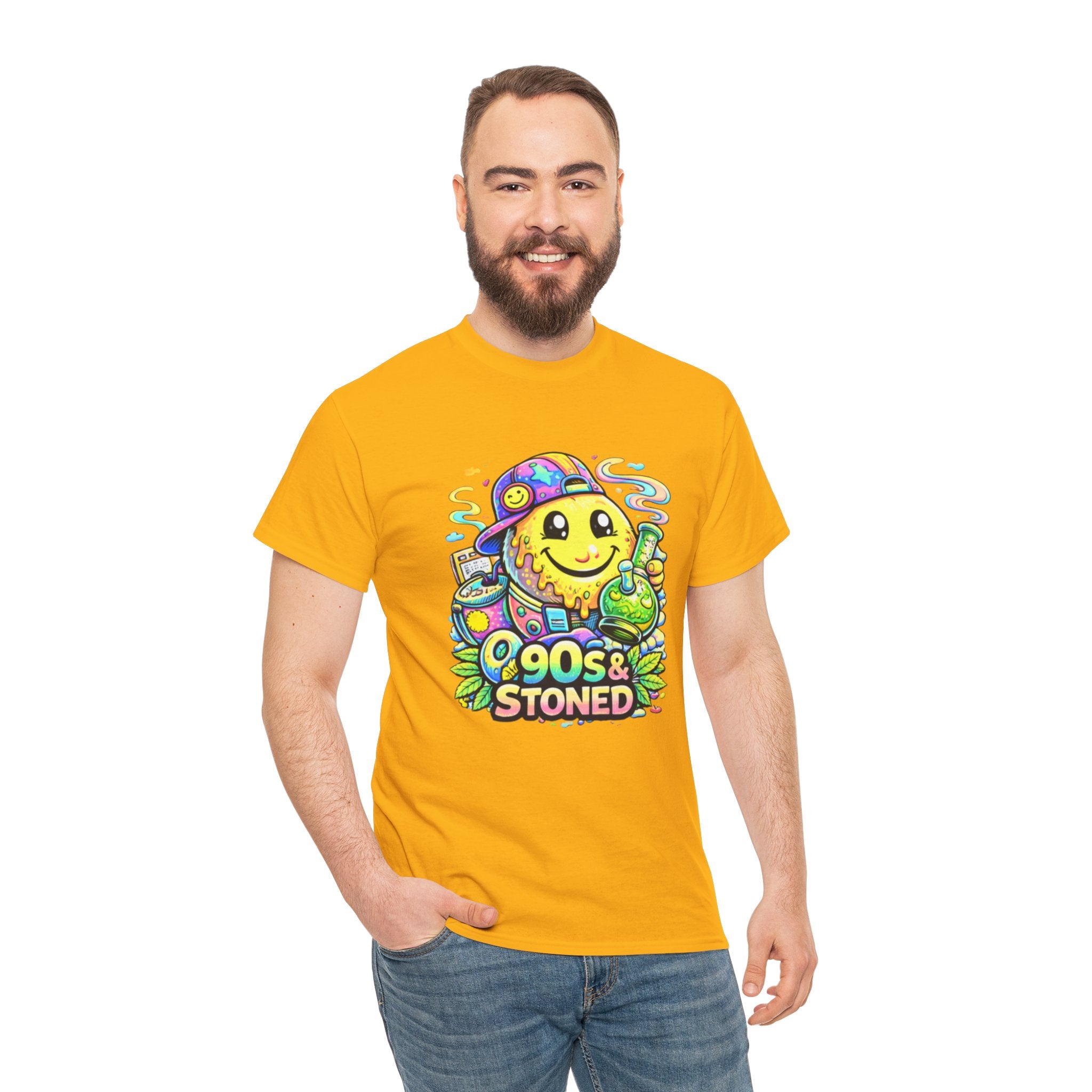 90s & Stoned Smiley Tee — Retro Vaporwave Cannabis Graphic T-Shirt