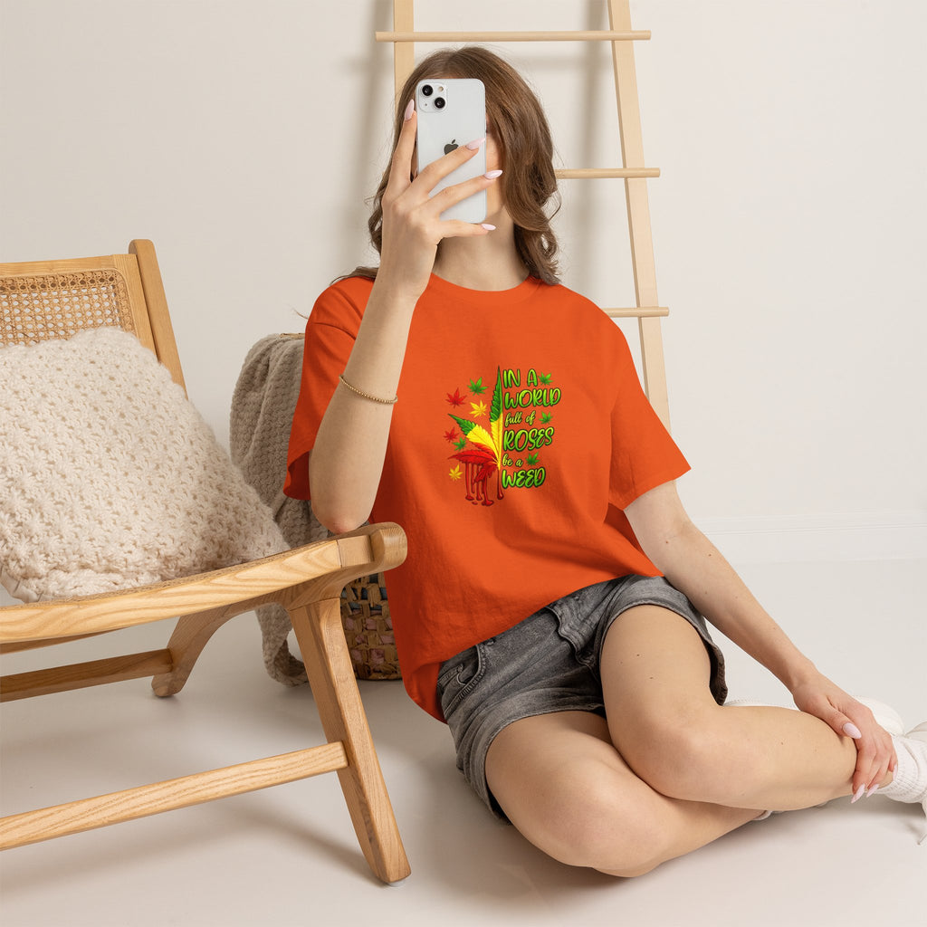 T-Shirt — "In A World Where Mosses Rule" Colorful Mushroom & Leaf Graphic