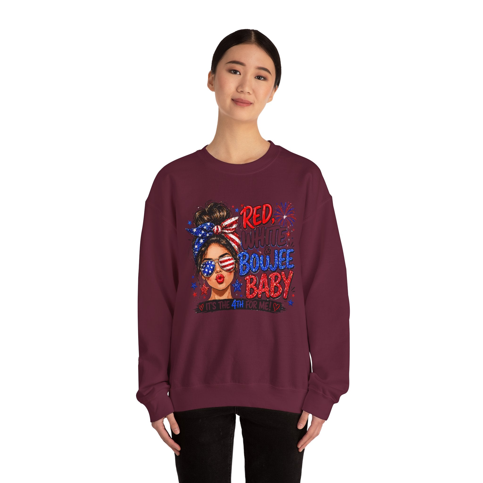 Crewneck Sweatshirt — "Red White Boujee Baby" Patriotic Women's 4th of July Graphic