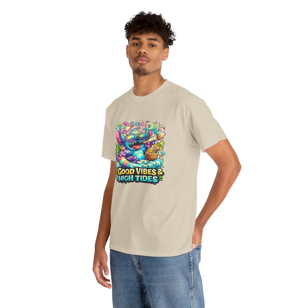 T-Shirt — "Good Vibes & High Tides" Colorful Surf Shark Graphic Tee