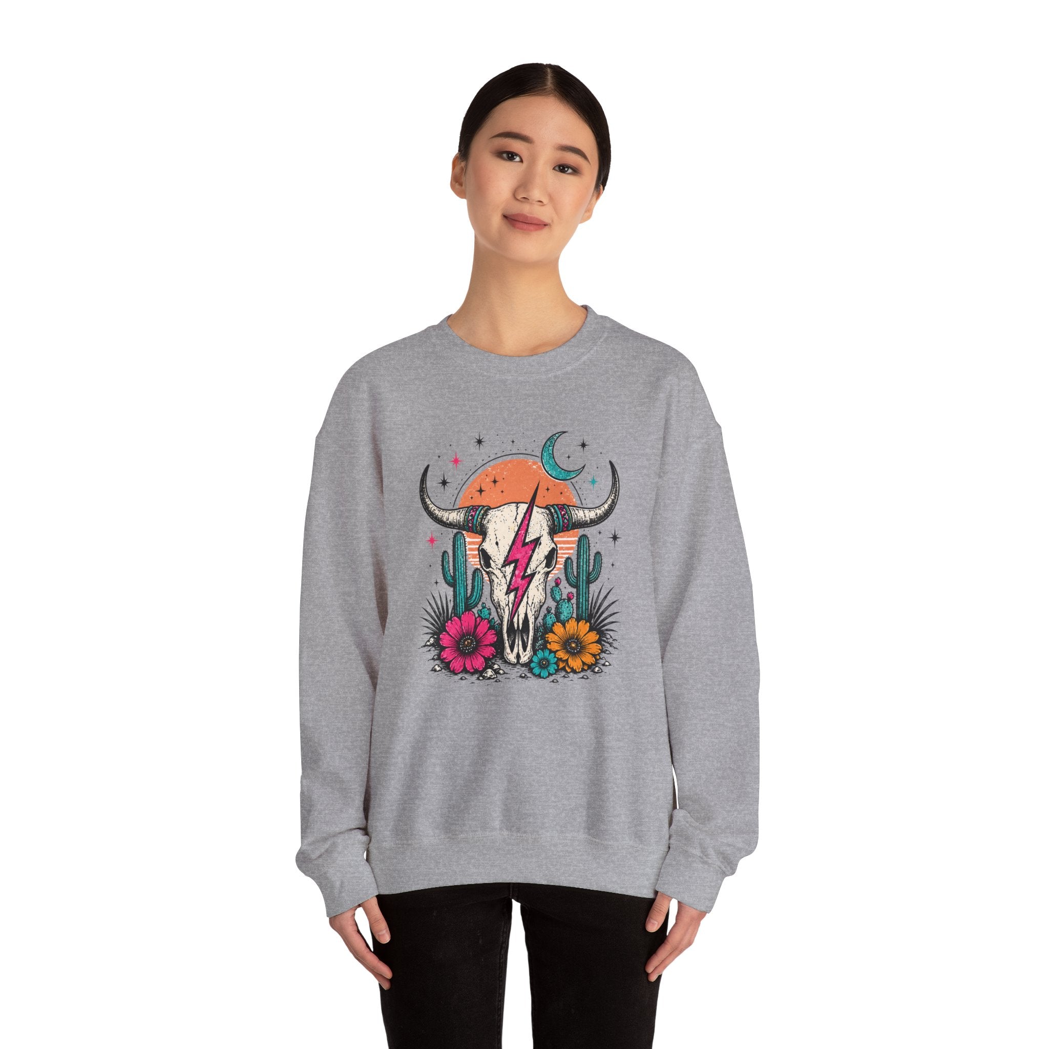 Southwest Skull Crewneck Sweatshirt — Desert Cactus Lightning Graphic