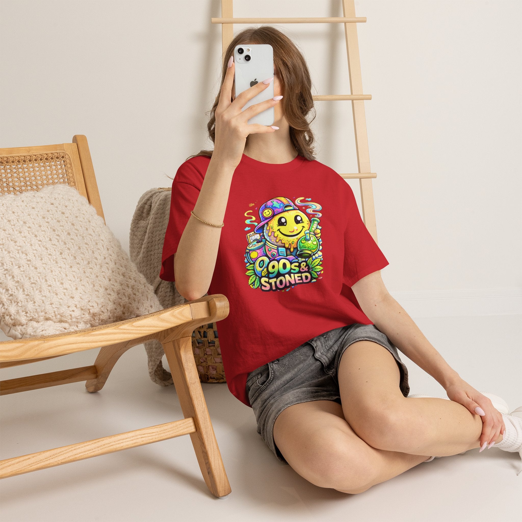 90s & Stoned Smiley Tee — Retro Vaporwave Cannabis Graphic T-Shirt