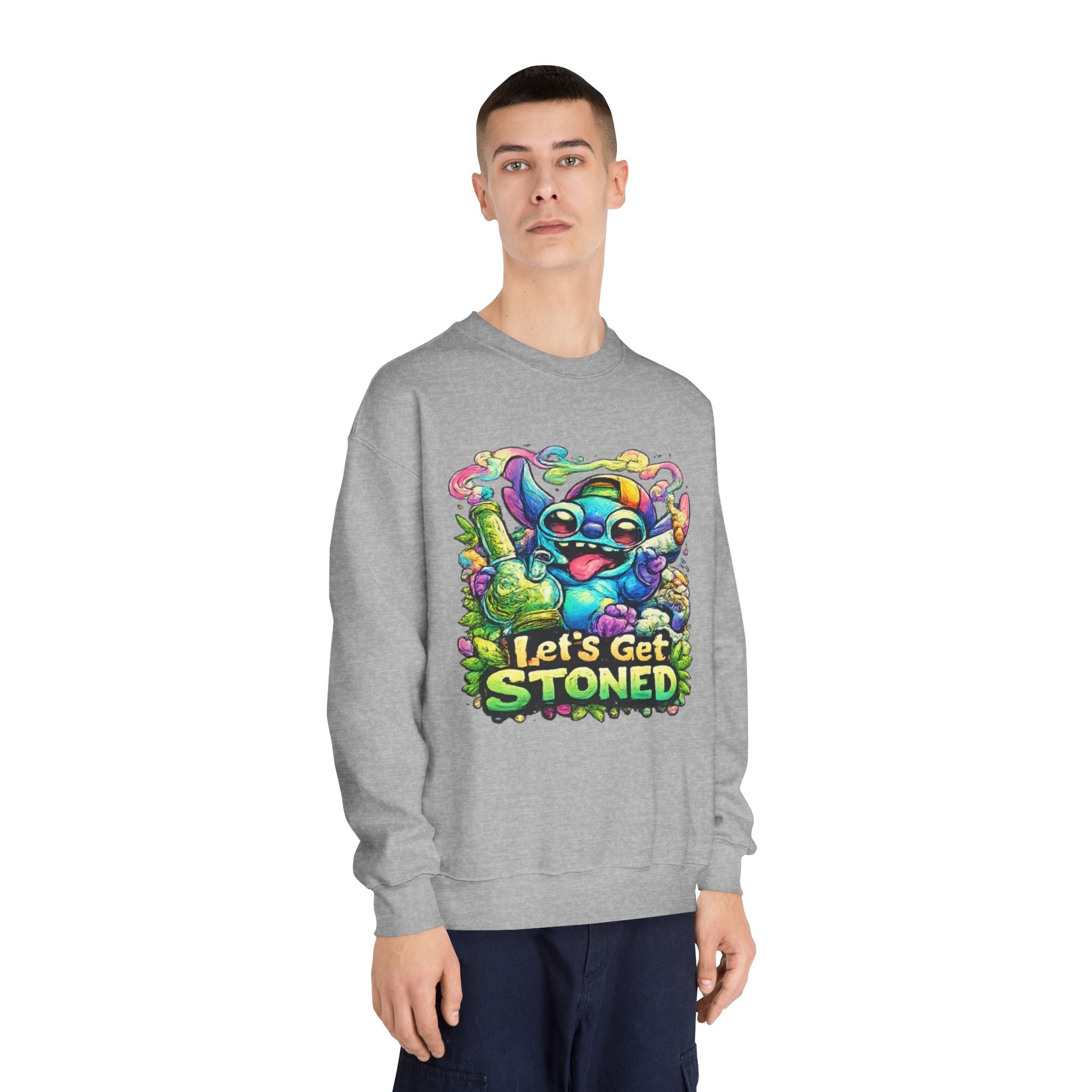 Let's Get Stoned Crewneck Sweatshirt – Colorful Psychedelic Alien Graphic