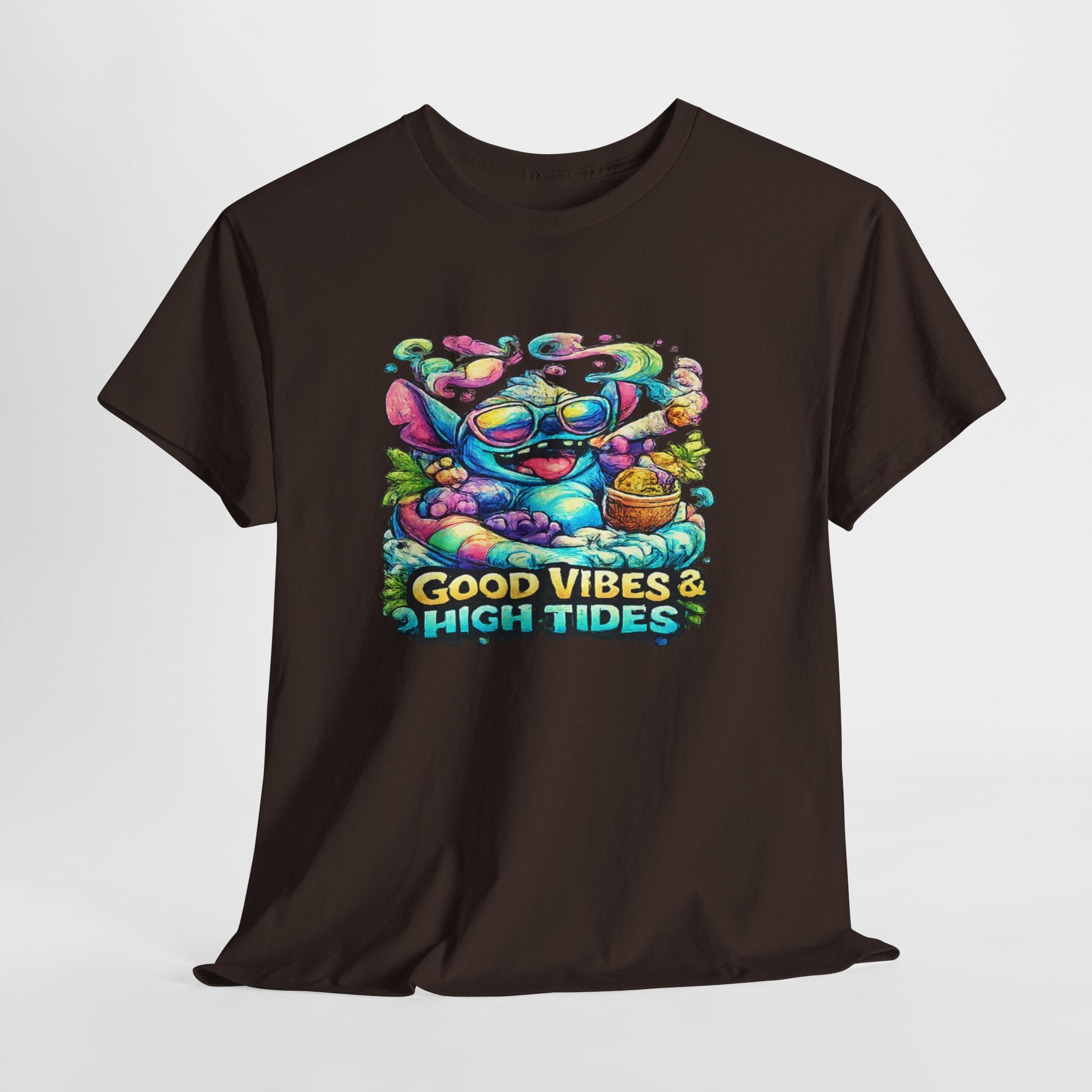 T-Shirt — "Good Vibes & High Tides" Colorful Surf Shark Graphic Tee