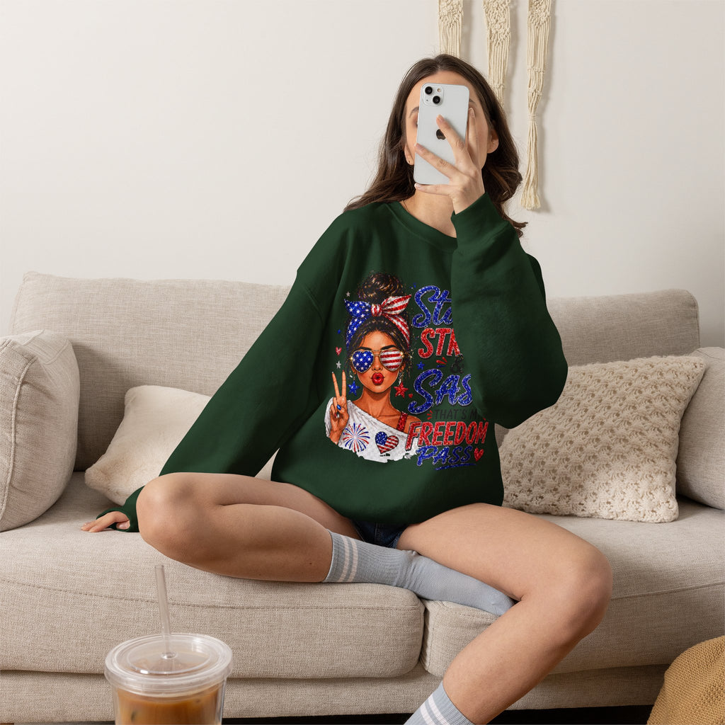 Patriotic 'Stars, Stripes & Sass' Crewneck Sweatshirt – 4th of July Freedom Pass Graphic