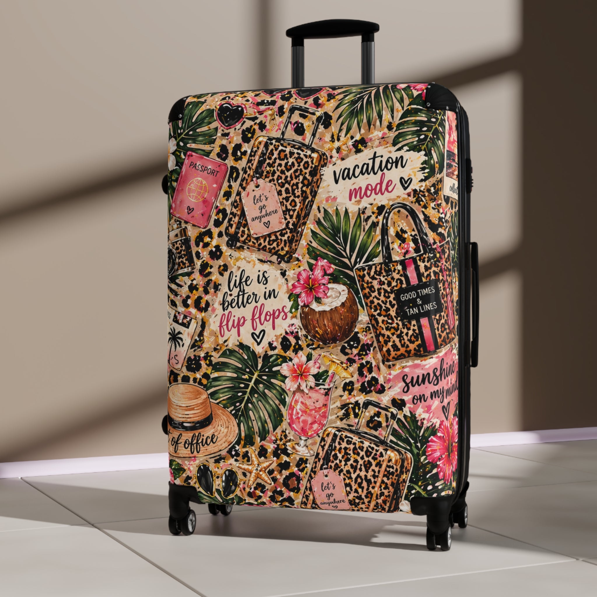 Leopard Tropical "Vacation Mode" Suitcase — Cabin Luggage Cover with ‘Life Is Better in Flip Flops’ Design