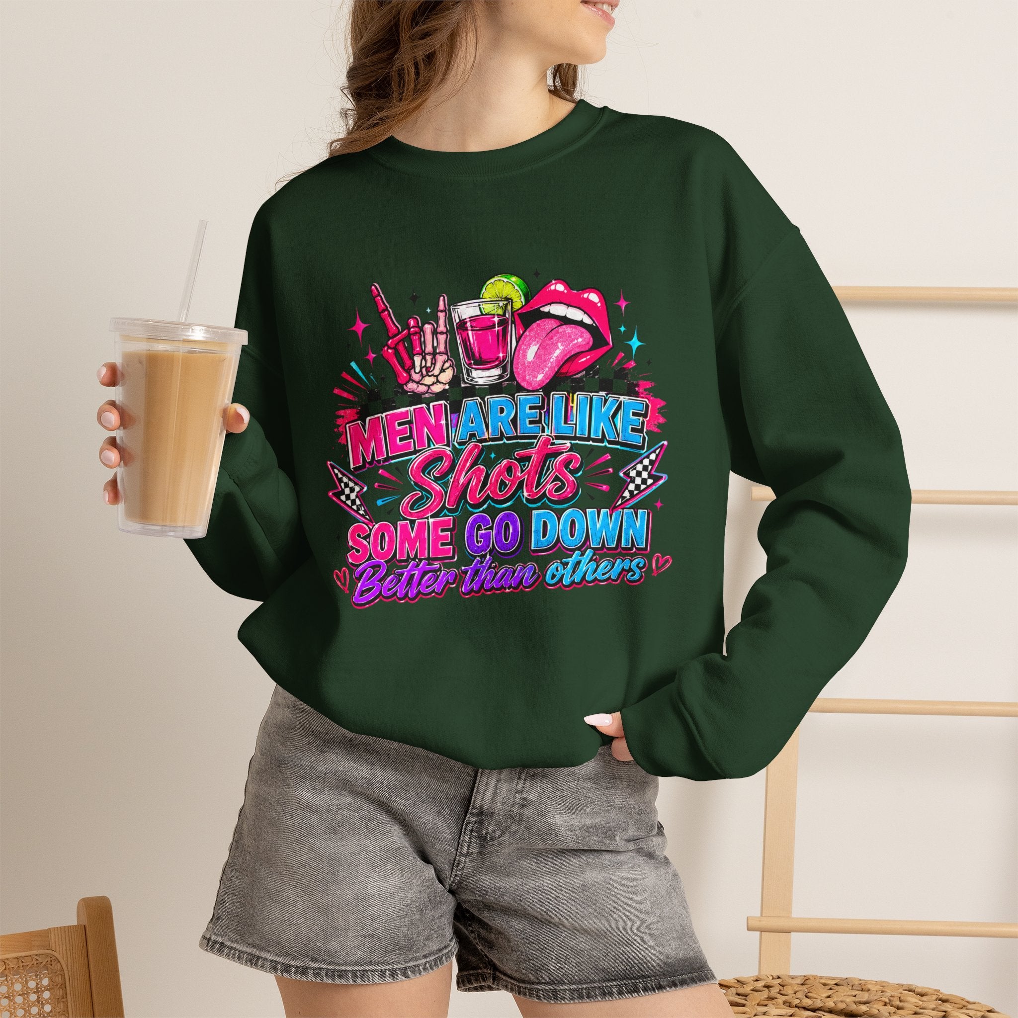 Crewneck Sweatshirt — "Men Are Like Shots" Retro Neon Cocktail Graphic