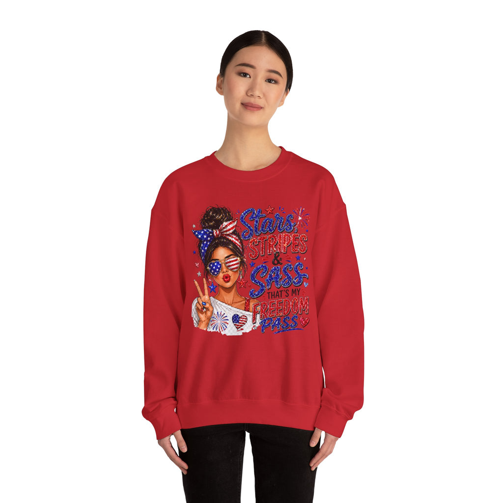 Patriotic 'Stars, Stripes & Sass' Crewneck Sweatshirt – 4th of July Freedom Pass Graphic