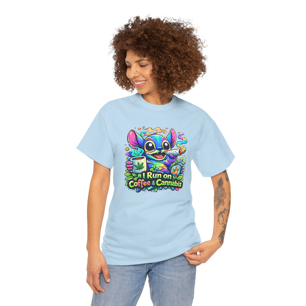 Coffee & Cannabis Tee — 'I Run on Coffee & Cannabis' Cute Stitch Graphic T-Shirt
