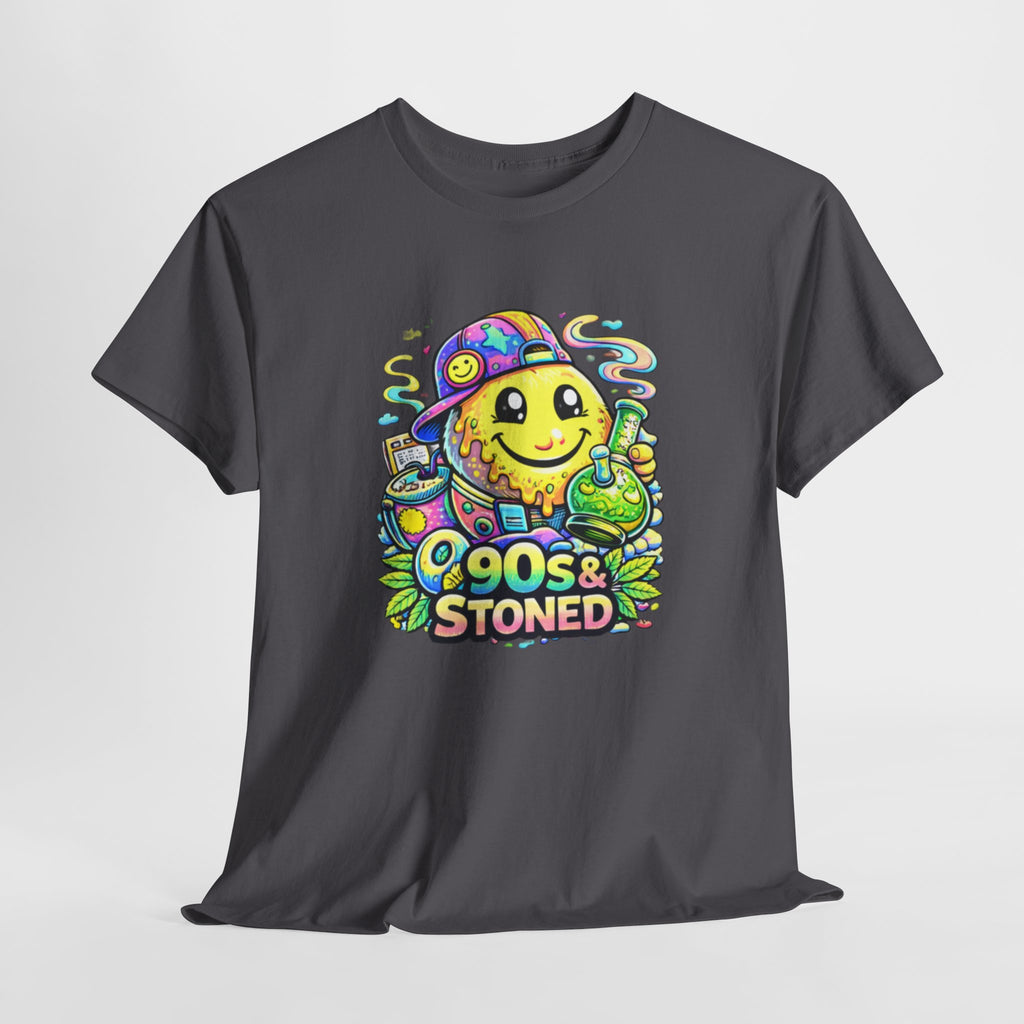 90s & Stoned Smiley Tee — Retro Vaporwave Cannabis Graphic T-Shirt