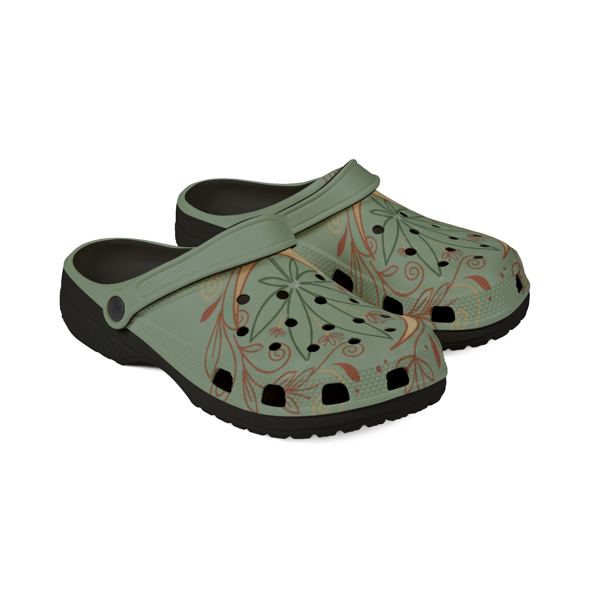 Green Botanical Leaf EVA Clogs — Comfortable Slip-On Garden Shoes