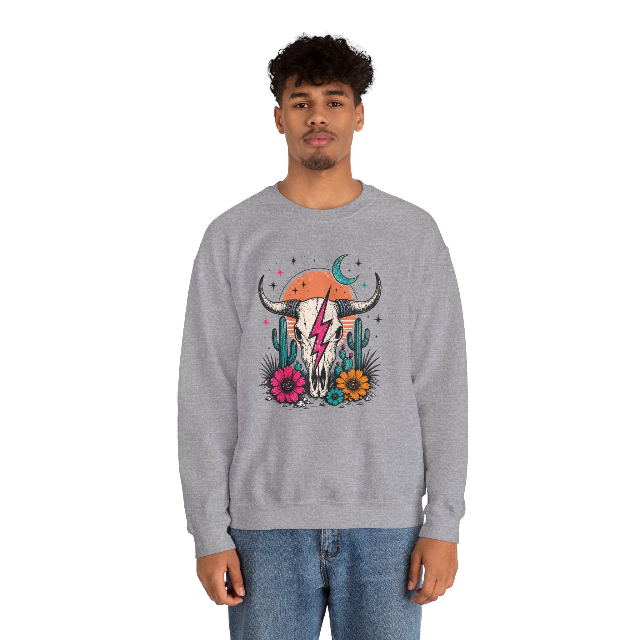 Southwest Skull Crewneck Sweatshirt — Desert Cactus Lightning Graphic