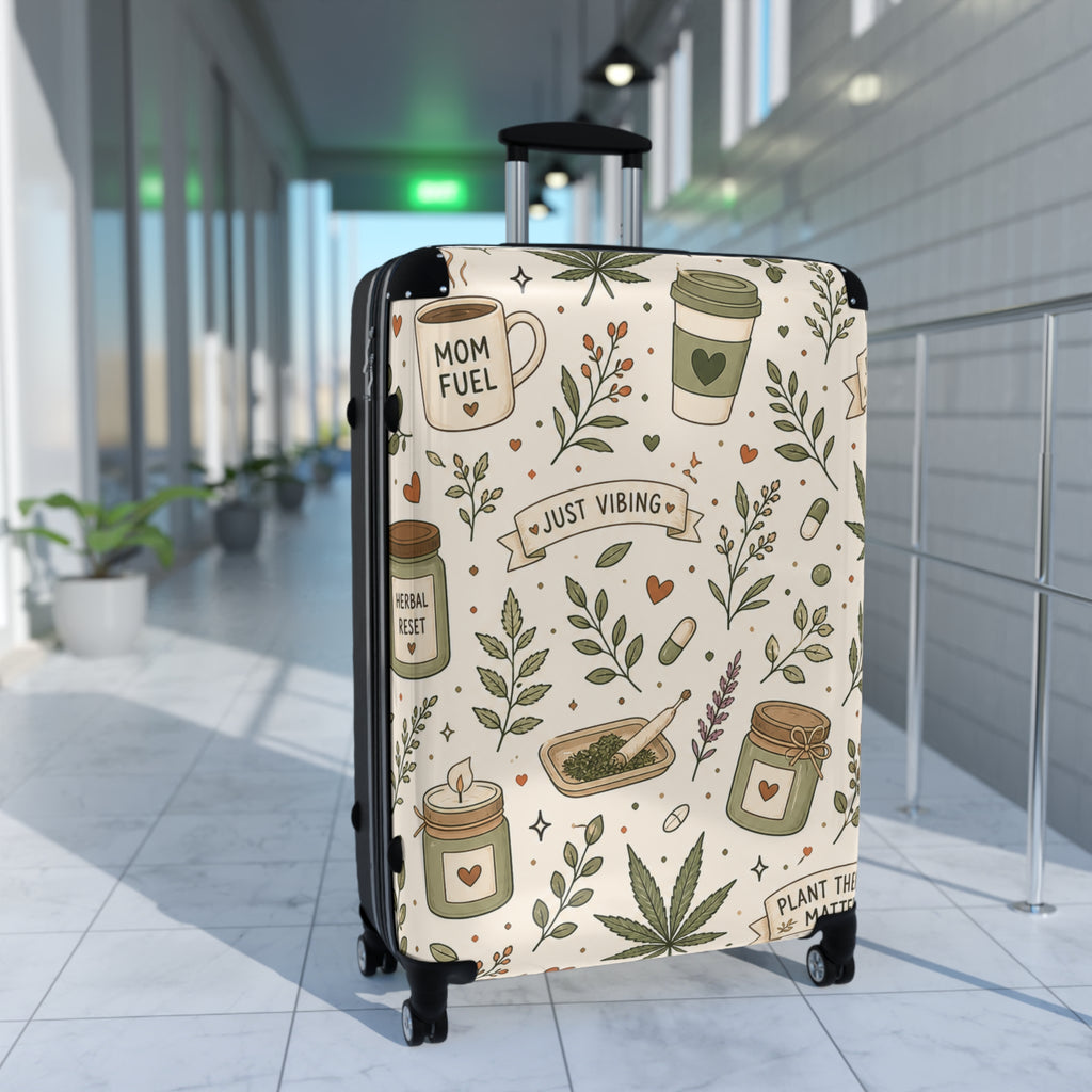 Suitcase — "Just Vibing" Mom Fuel Travel Luggage with Botanical Coffee & Hemp Pattern
