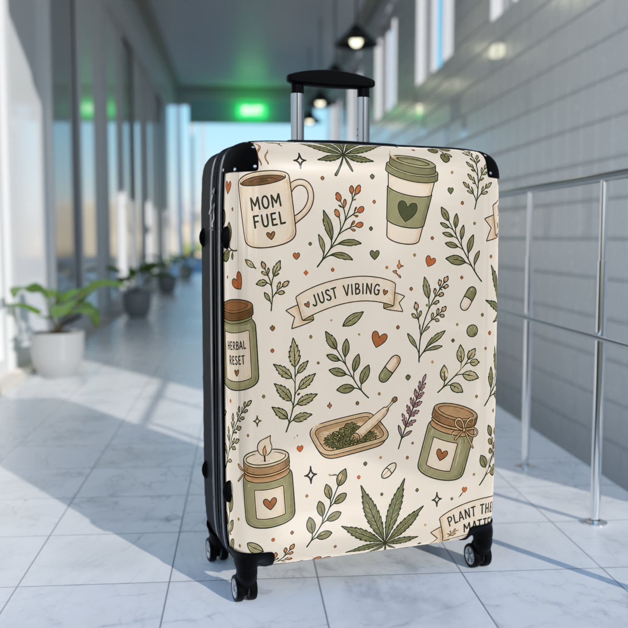 Suitcase — "Just Vibing" Mom Fuel Travel Luggage with Botanical Coffee & Hemp Pattern
