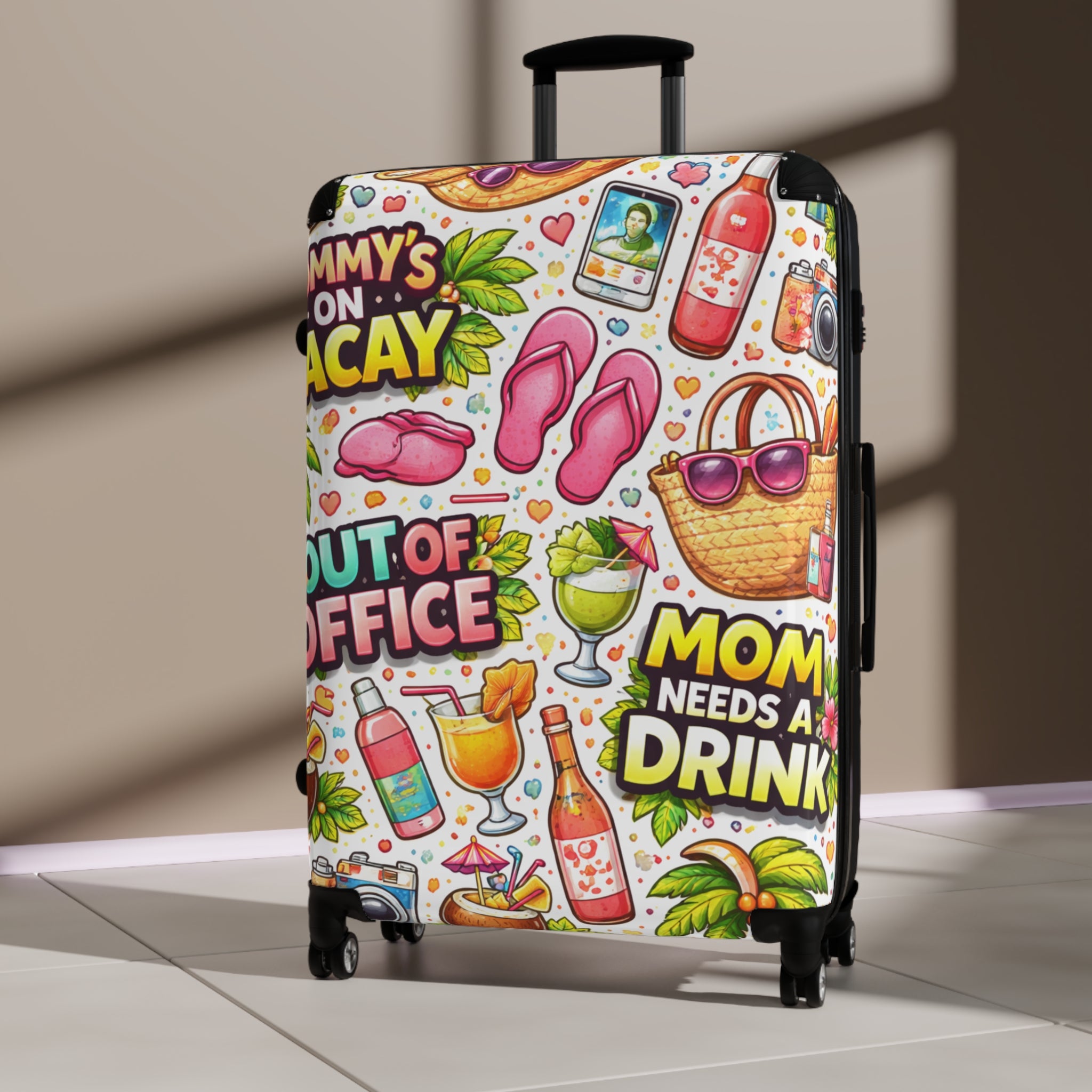 Vacation Vibes Carry-On Suitcase – "Mom Needs a Drink" Tropical Travel Luggage