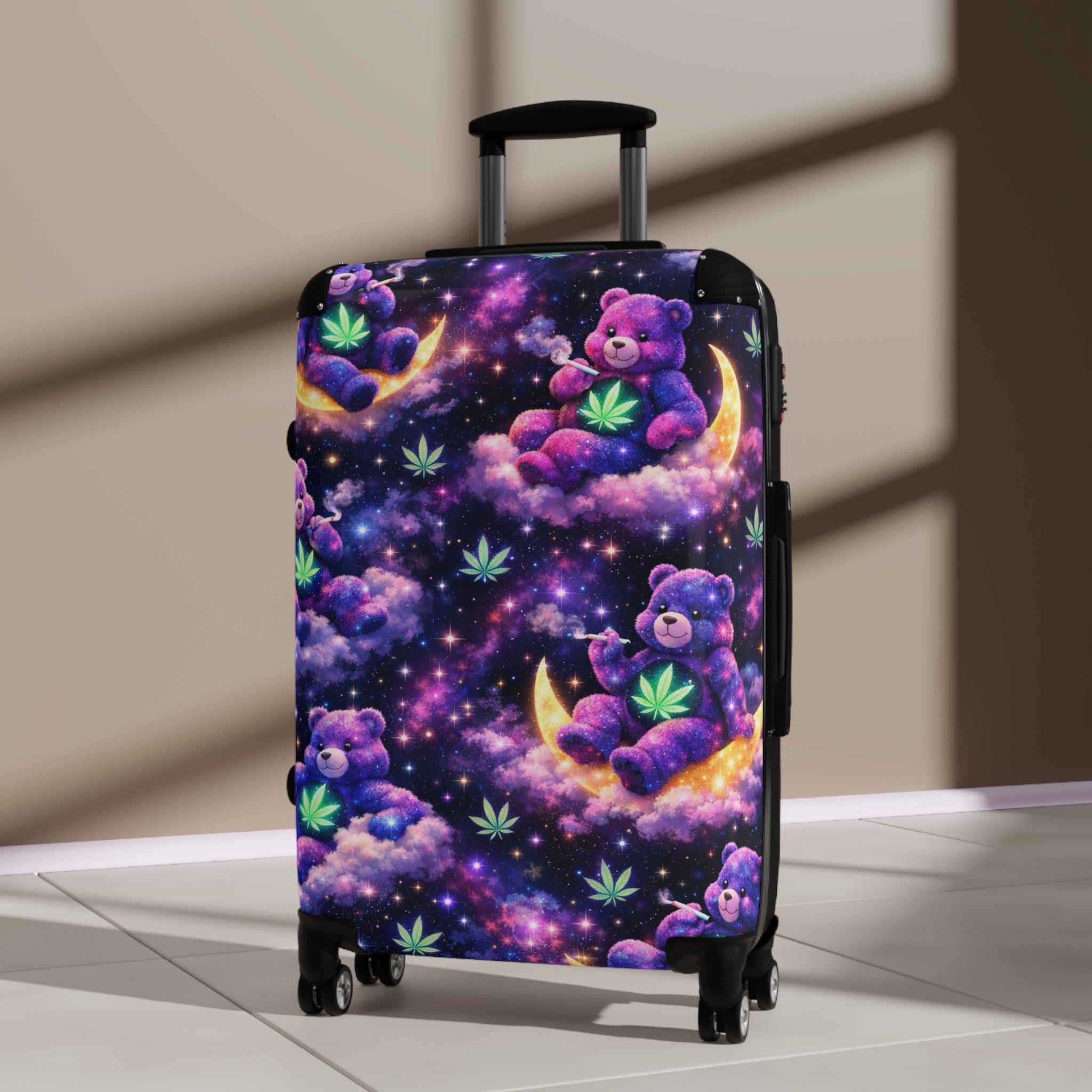 Cosmic Candy Bears Carry-On Suitcase – Purple Dreamscape Luggage with Moon & Cloud Bears