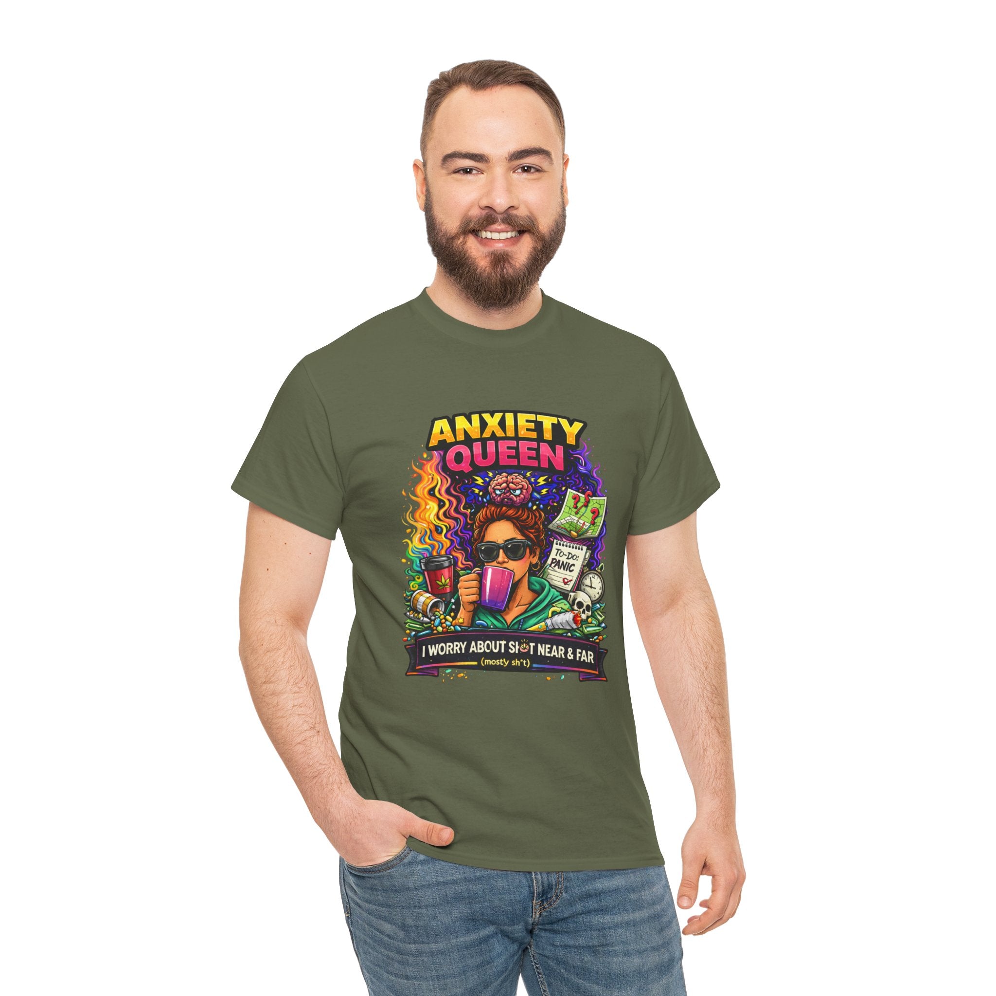 Anxiety Queen T-Shirt – Funny Mental Health Graphic Tee (“I Worry About Sh*t Near & Far”)