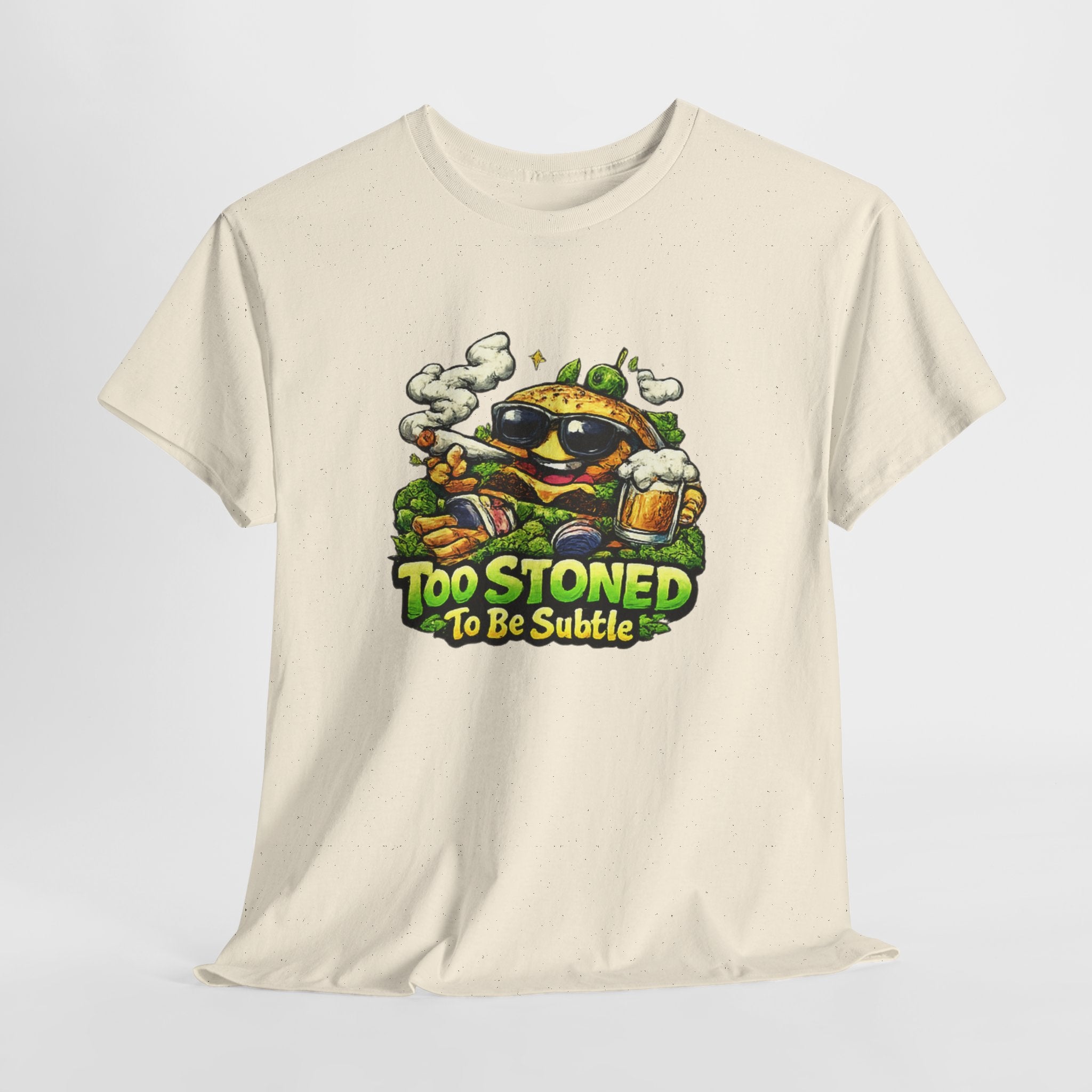 Too Stoned To Be Subtle Tee - Funny Retro Cartoon Burger Cannabis T-Shirt
