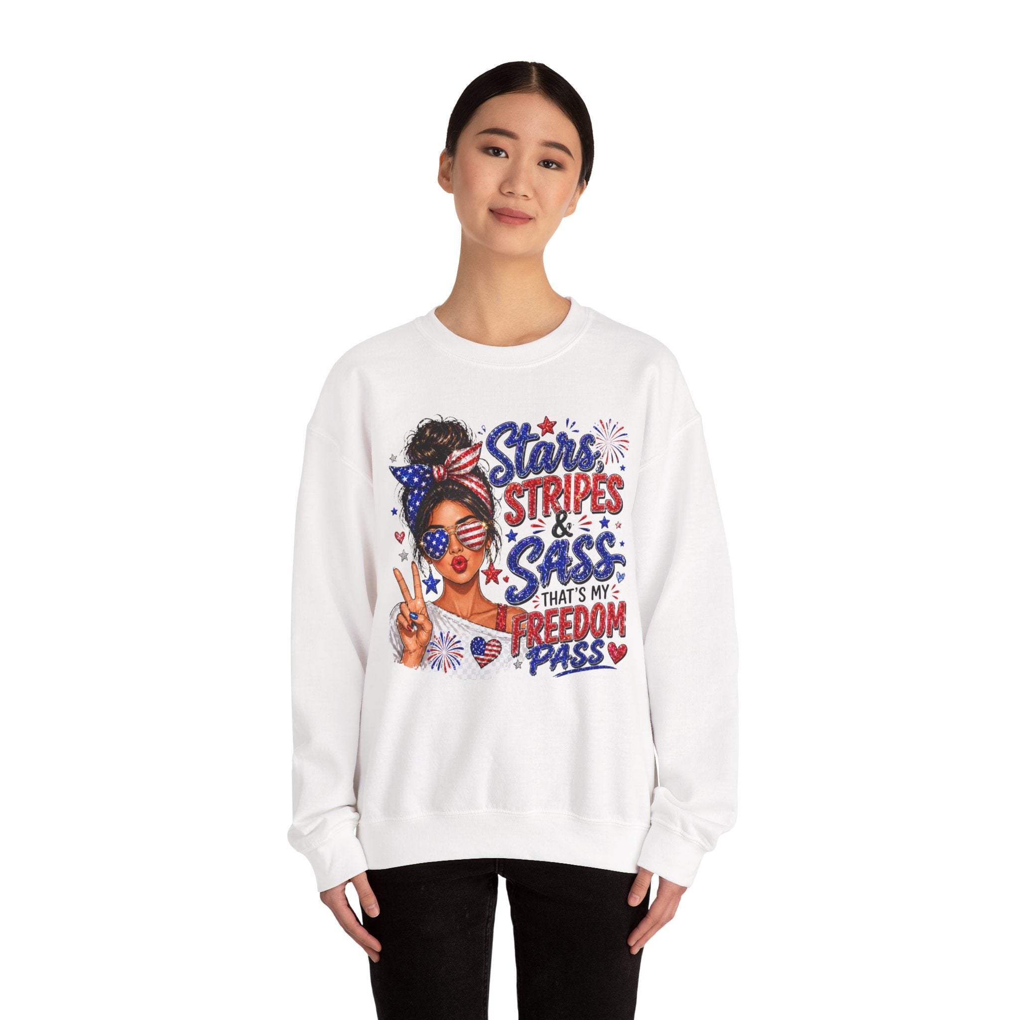 Patriotic 'Stars, Stripes & Sass' Crewneck Sweatshirt – 4th of July Freedom Pass Graphic