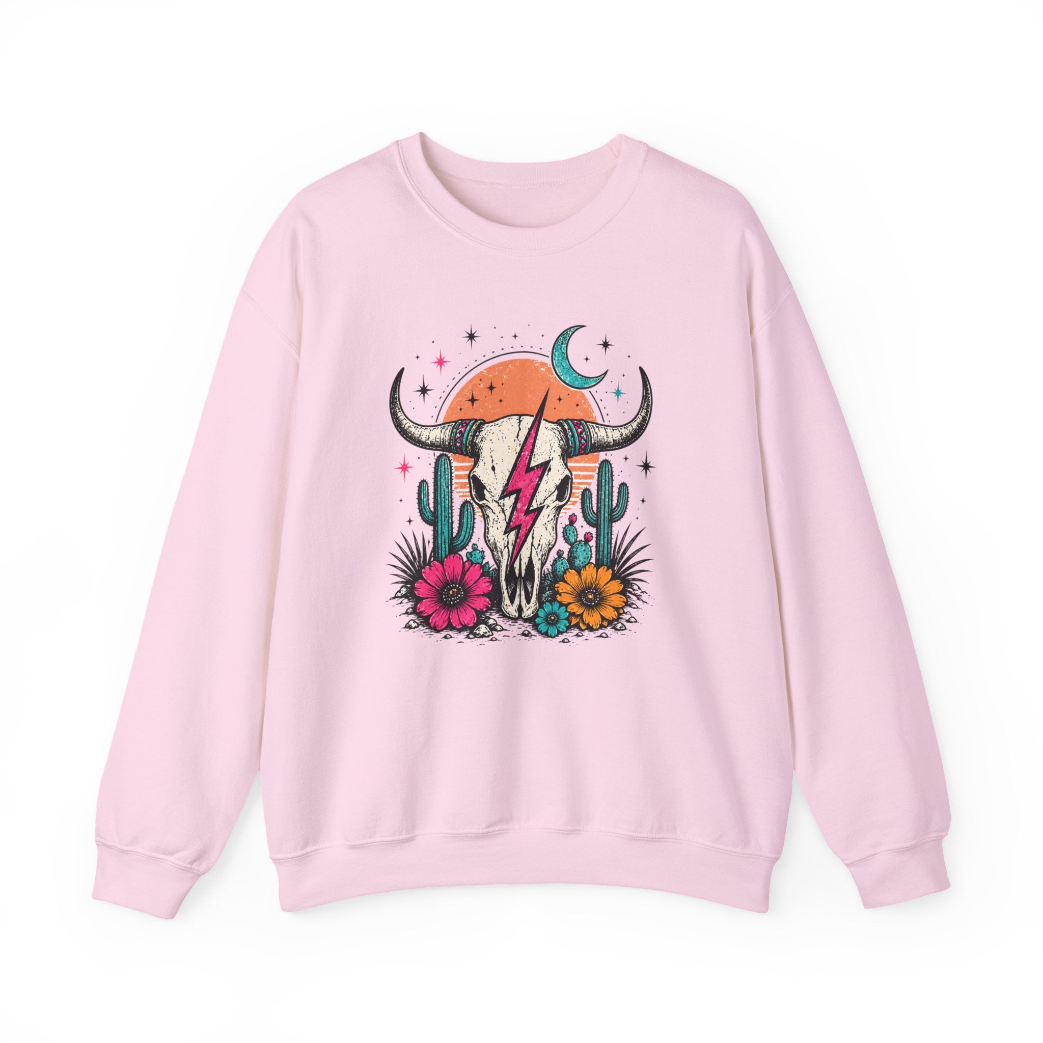 Southwest Skull Crewneck Sweatshirt — Desert Cactus Lightning Graphic