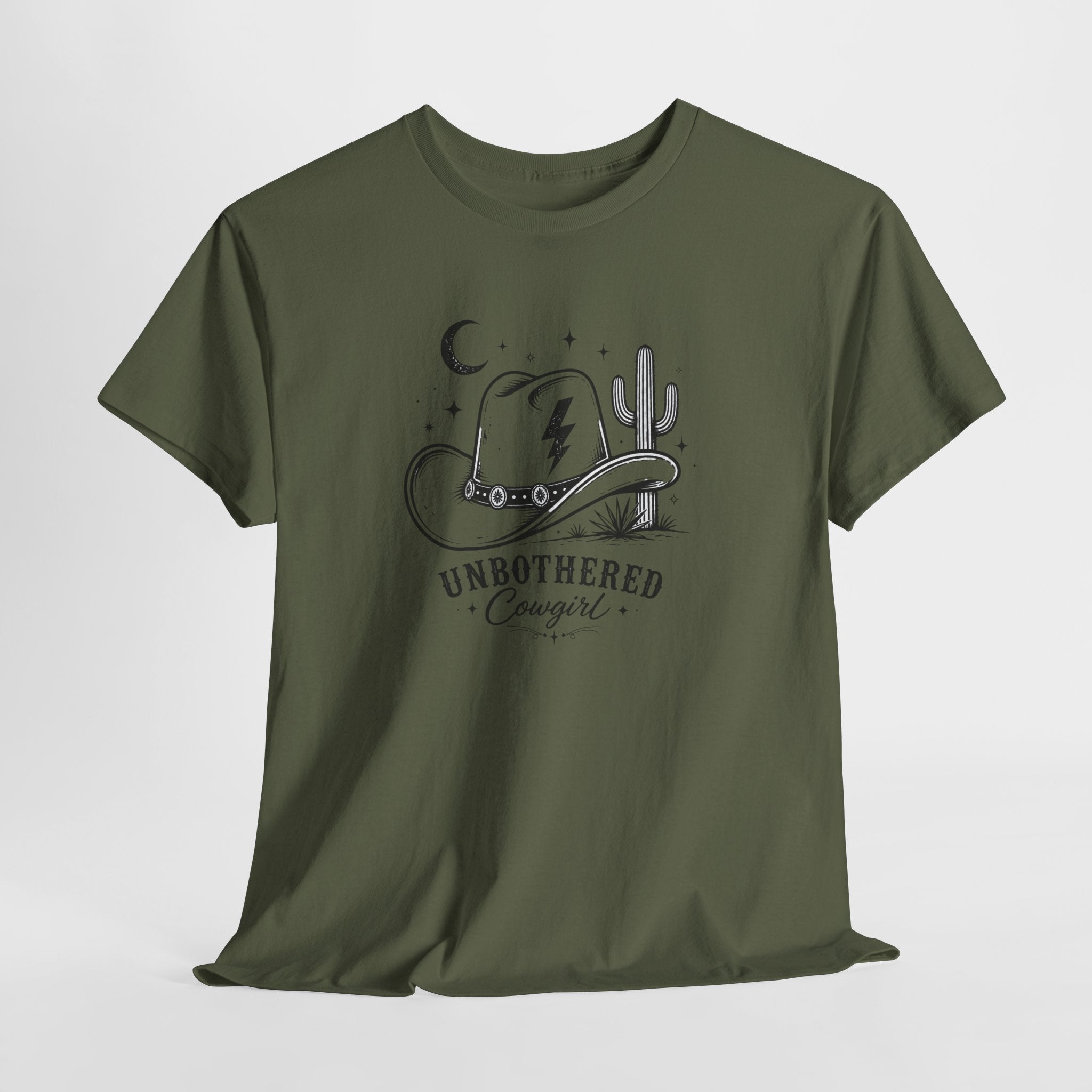 Unbothered Cowgirl Graphic Tee — Western Cowboy Hat & Cactus Design
