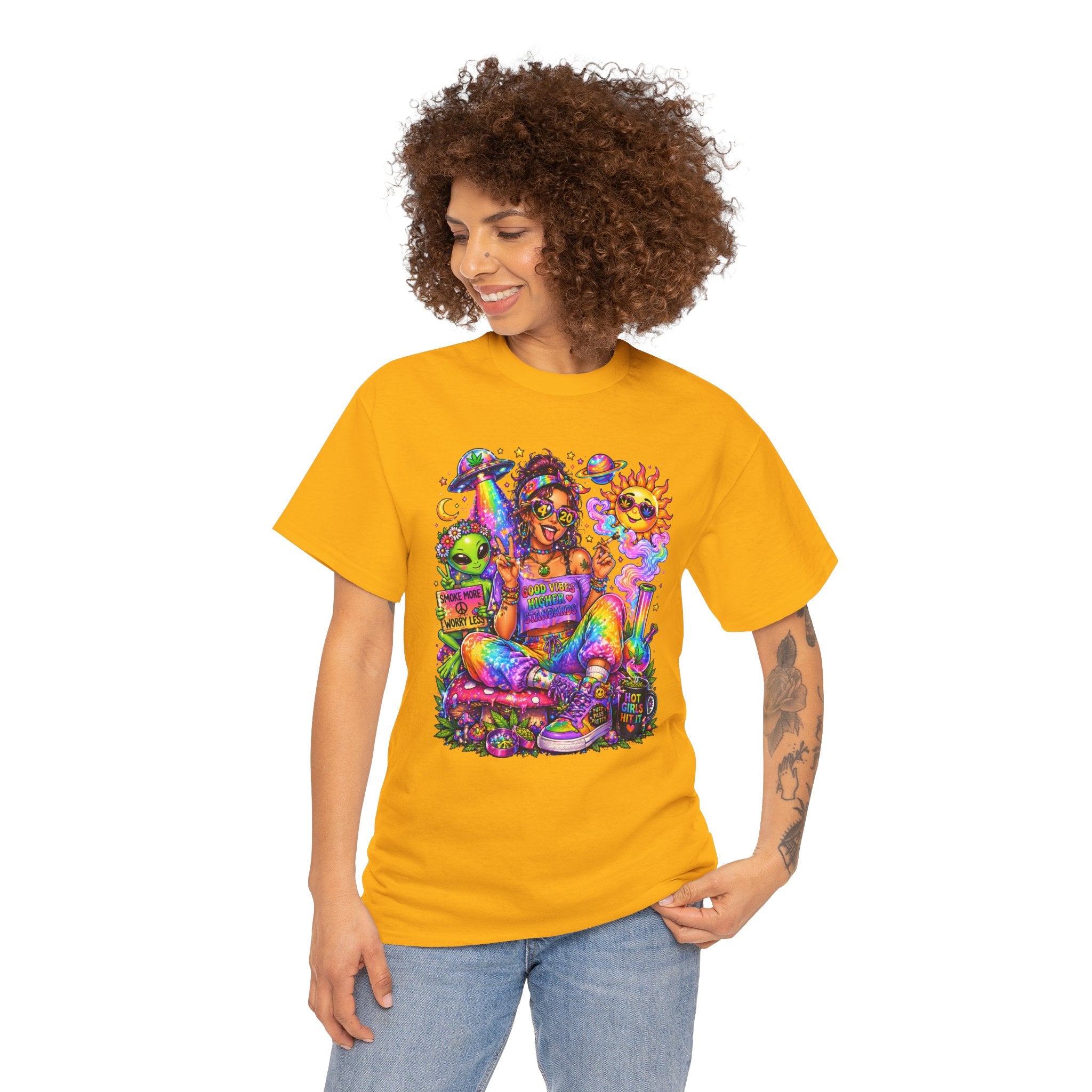 Psychedelic Hippie Girl T-Shirt — Colorful Boho Sun, Mushroom & Alien Graphic Tee