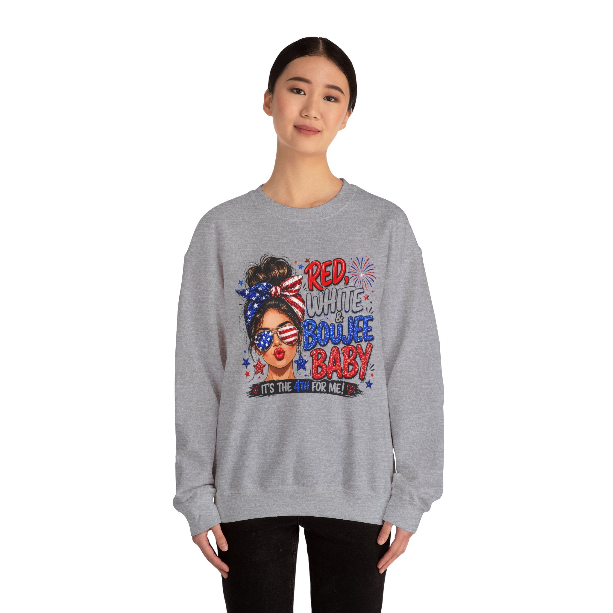 Crewneck Sweatshirt — "Red White Boujee Baby" Patriotic Women's 4th of July Graphic
