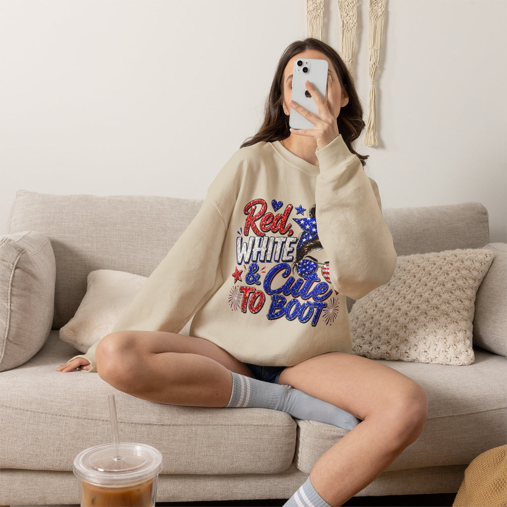 Crewneck Sweatshirt - "Red, White & Cute to Boot" Patriotic Women’s Graphic