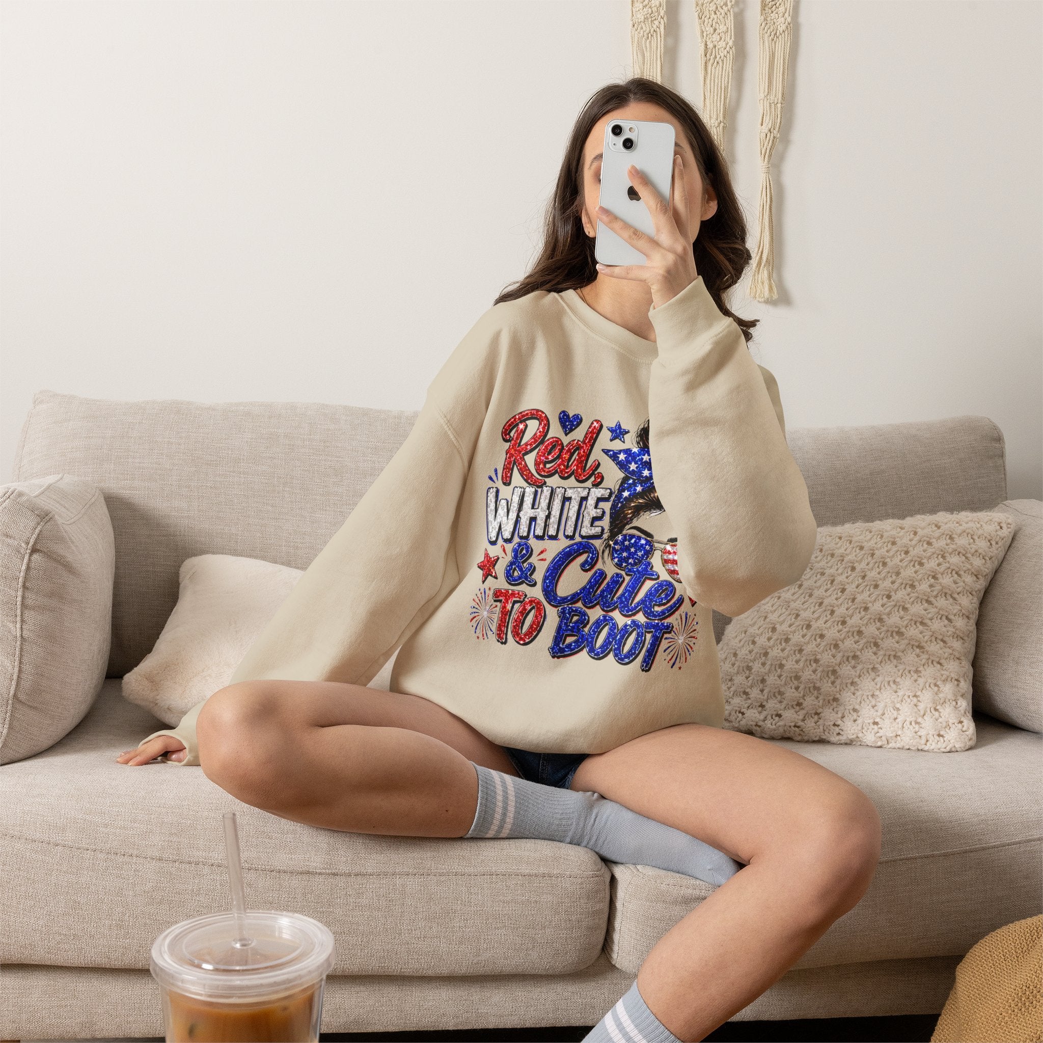 Crewneck Sweatshirt - "Red, White & Cute to Boot" Patriotic Women’s Graphic