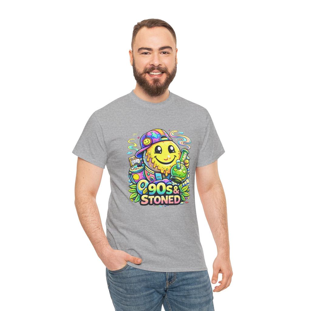 90s & Stoned Smiley Tee — Retro Vaporwave Cannabis Graphic T-Shirt