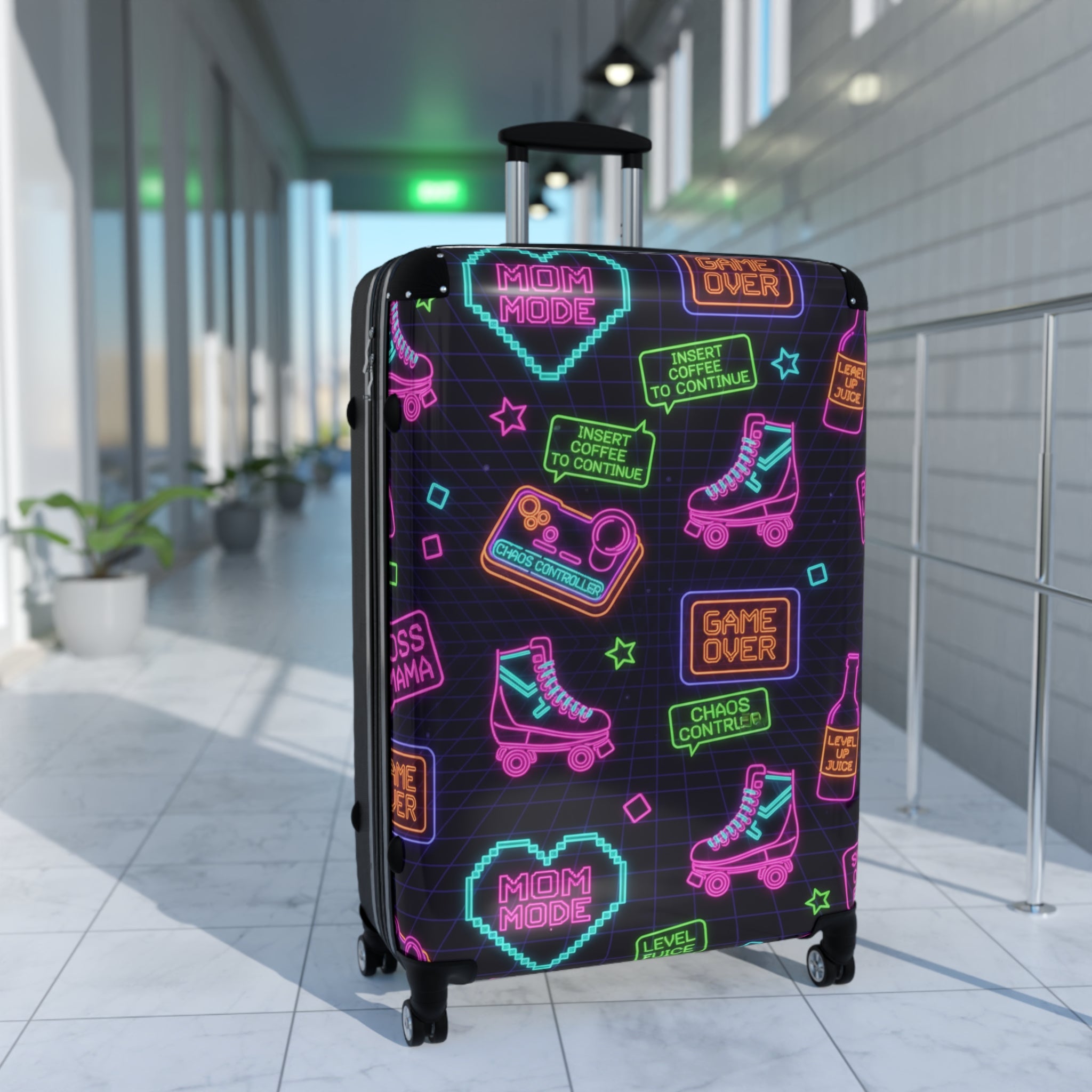 Neon Retro Arcade Suitcase – Roller Skates & Game Over Travel Luggage