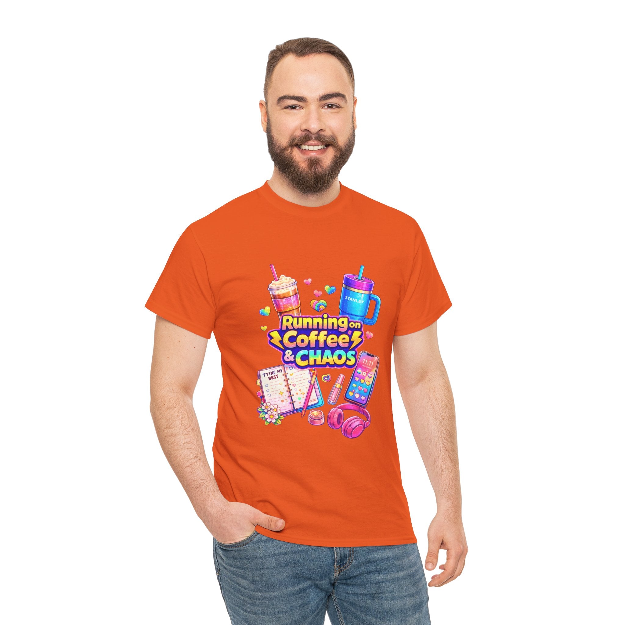 Graphic Tee — "Running on Coffee & Chaos" Colorful Planner Lover Shirt