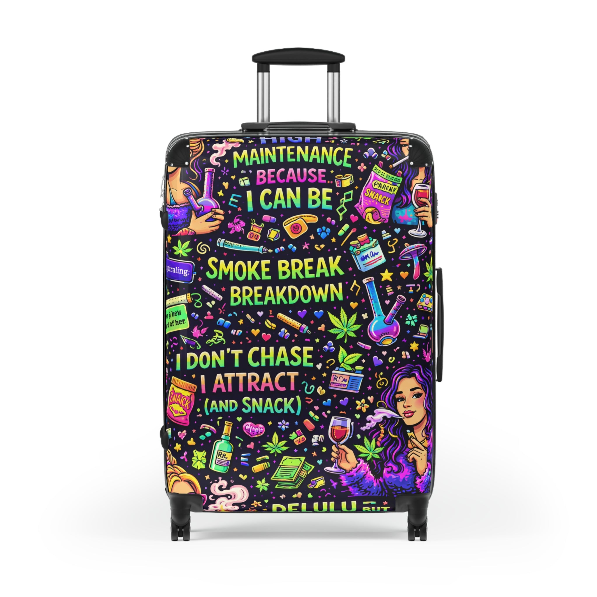 Suitcase — Colorful Cannabis Self-Care Carry-On: "Maintenance Because I Can Be" Travel Luggage