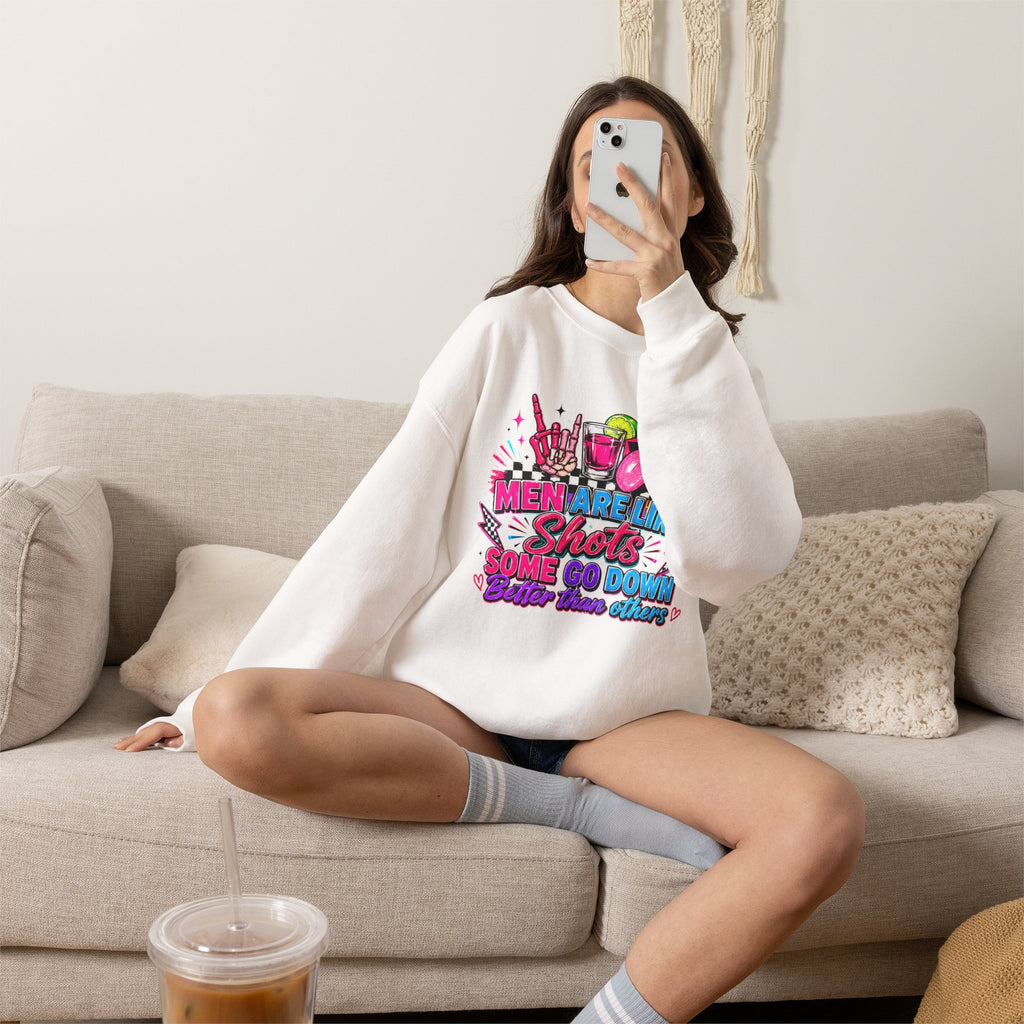 Crewneck Sweatshirt — "Men Are Like Shots" Retro Neon Cocktail Graphic