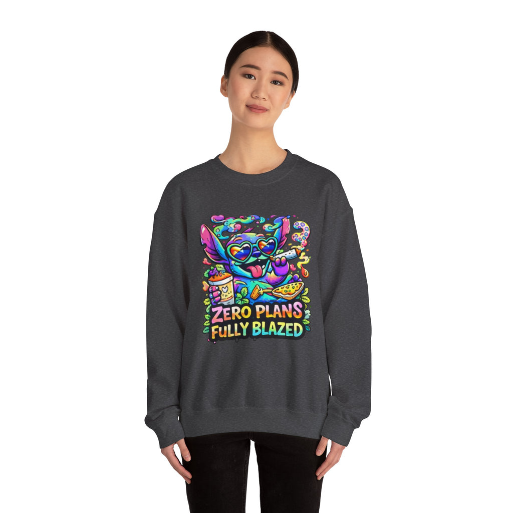 Crewneck Sweatshirt — "Zero Plans Fully Blazed" Colorful Stoner Cartoon Graphic